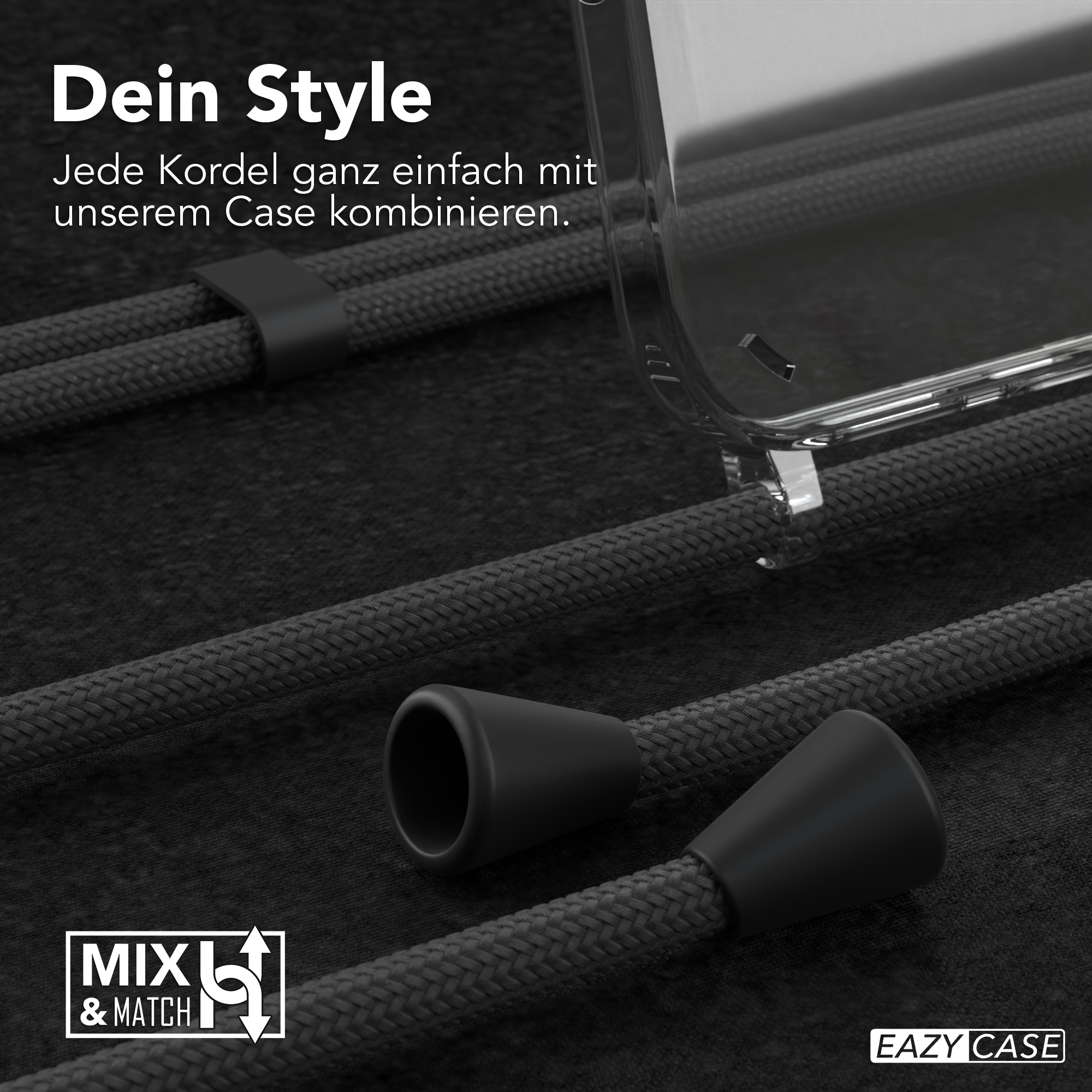 Nahaufnahme einer Handyhülle mit schwarzen Seilen. Eazy Case Logo.