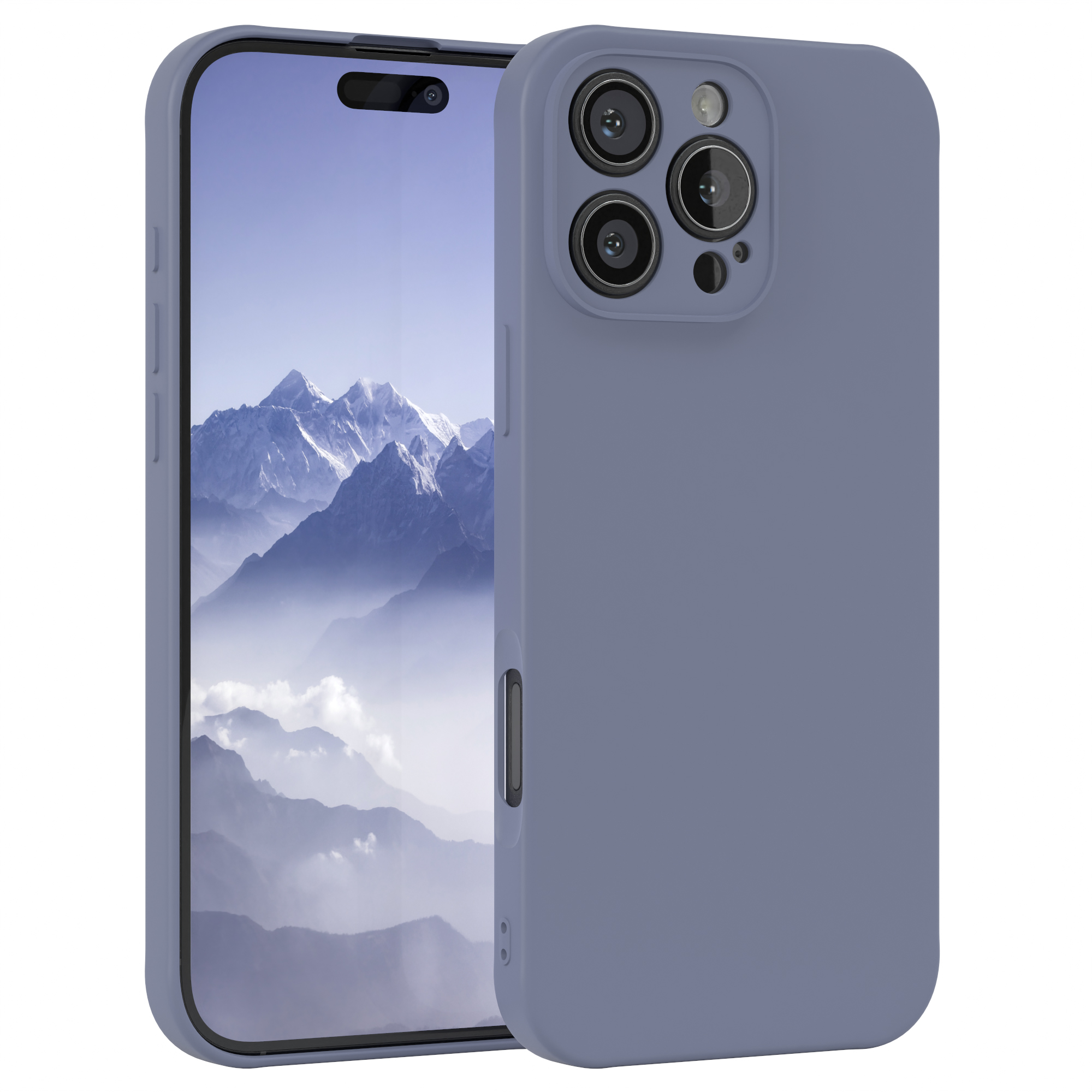 Blaue Handyhülle mit einem Telefon. Das Telefon hat Kameralinsen.