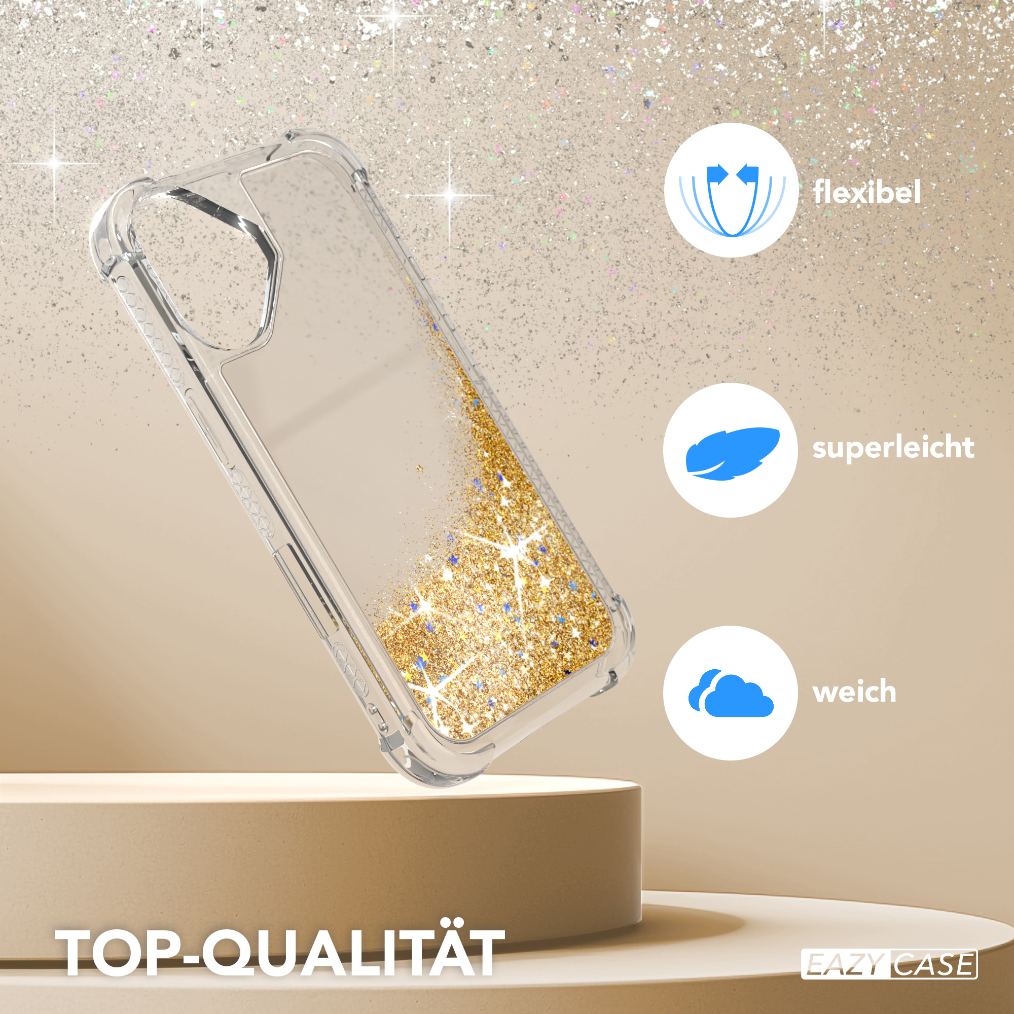 Eine transparente Handyhülle mit Glitzer wird gezeigt. Die Hülle befindet sich auf einer Plattform. Symbole weisen auf Flexibilität, Leichtigkeit und Weichheit hin.