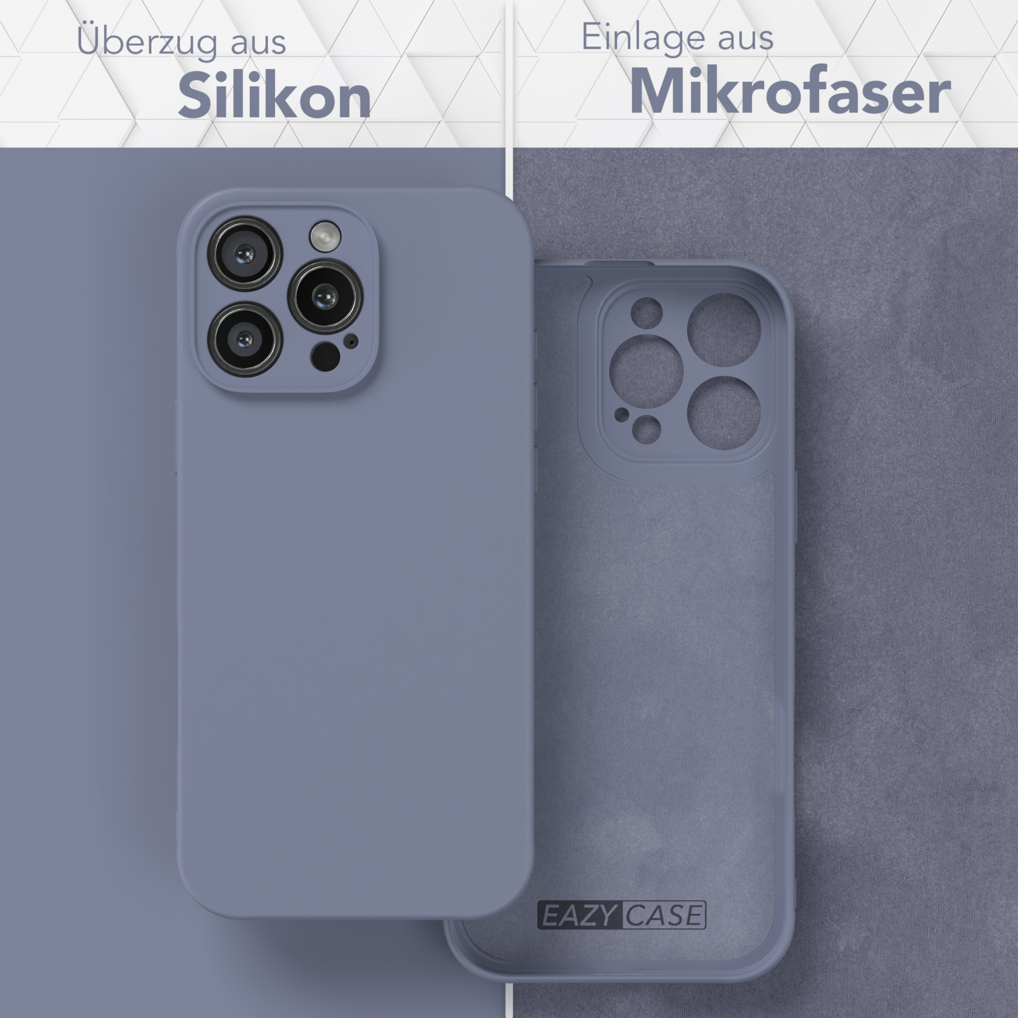 Zwei Handyhüllen, eine Silikon und eine Mikrofaser. Die Silikon hat glatte Oberfläche.