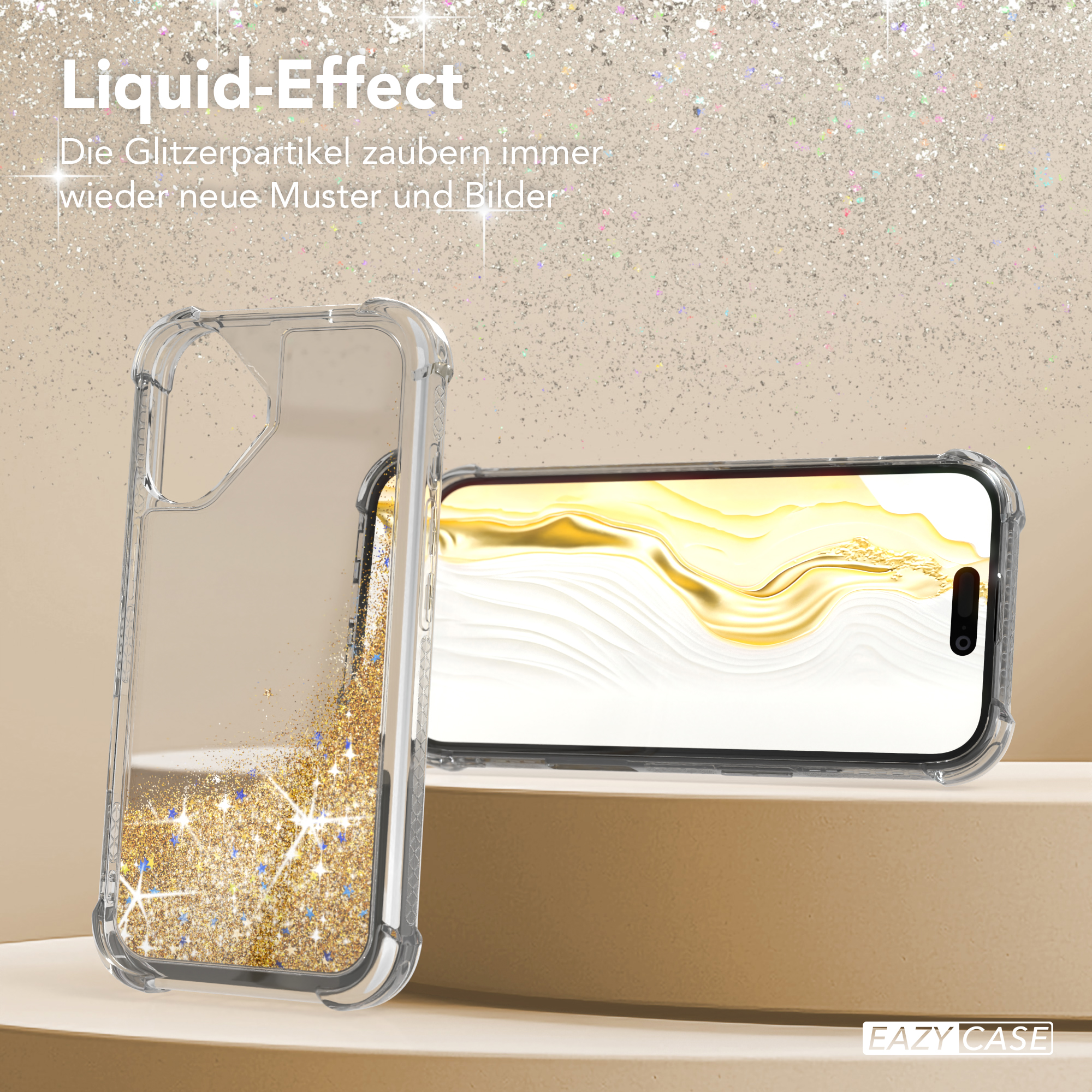Eine transparente Handyhülle mit Flüssigkeitsglitzer. Das Telefon befindet sich in der Hülle, der Hintergrund ist gold.