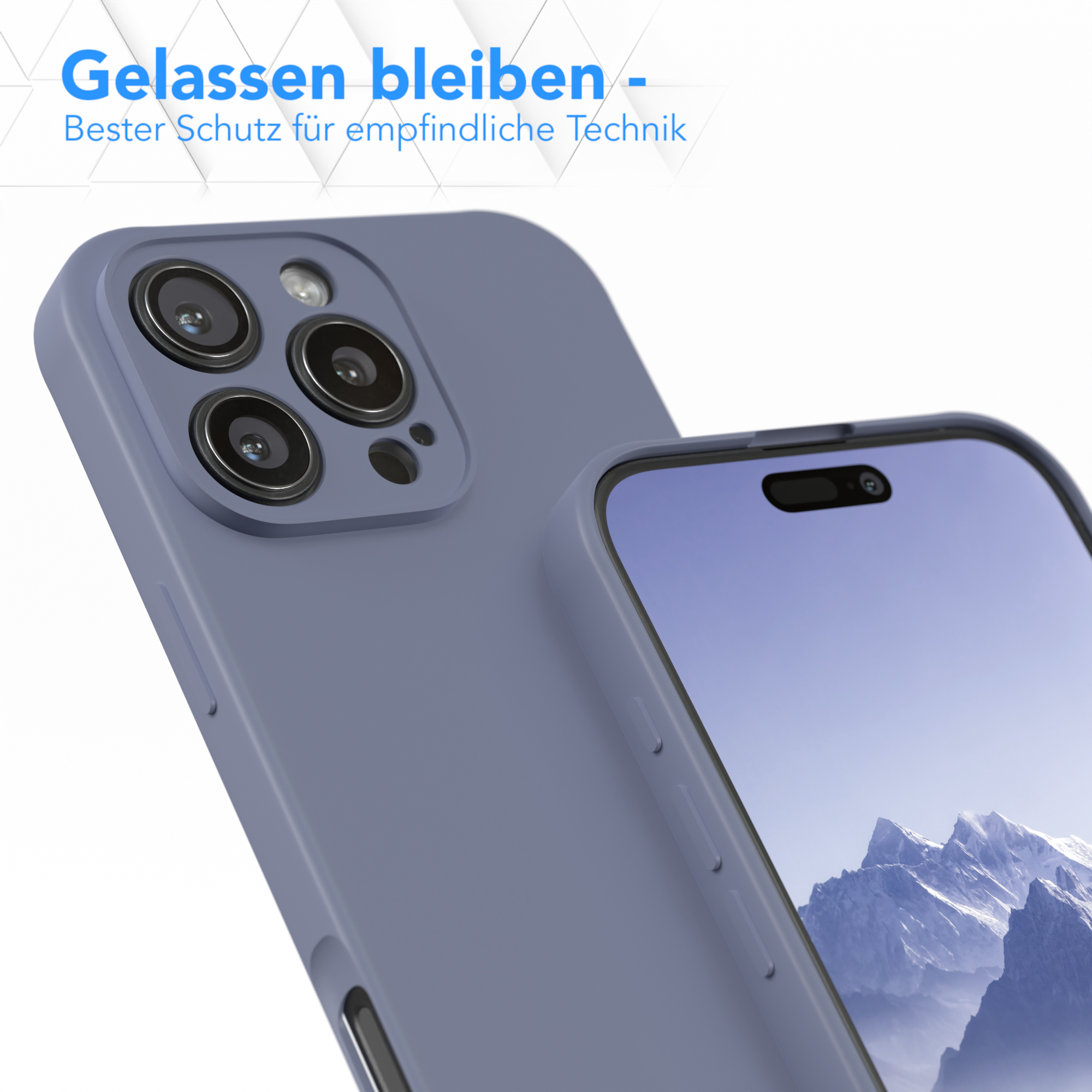 Eine lila Handyhülle auf einem Telefon, mit sichtbarer Kameralinse, vor hellviolettem Hintergrund.
