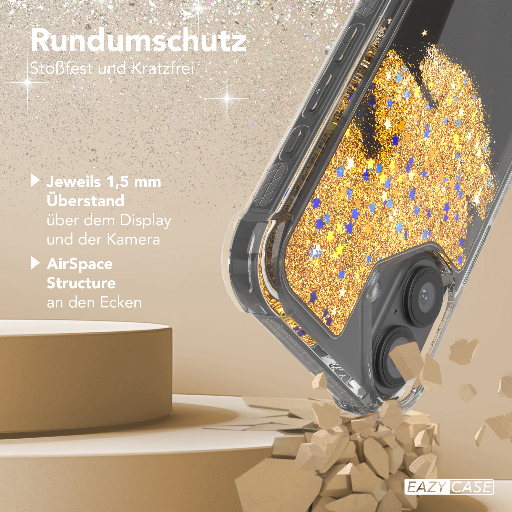 Handyhülle mit goldenem Glitzer und blauen Sternen. Text: Rundumschutz, 1,5 mm über Display, AirSpace-Struktur.