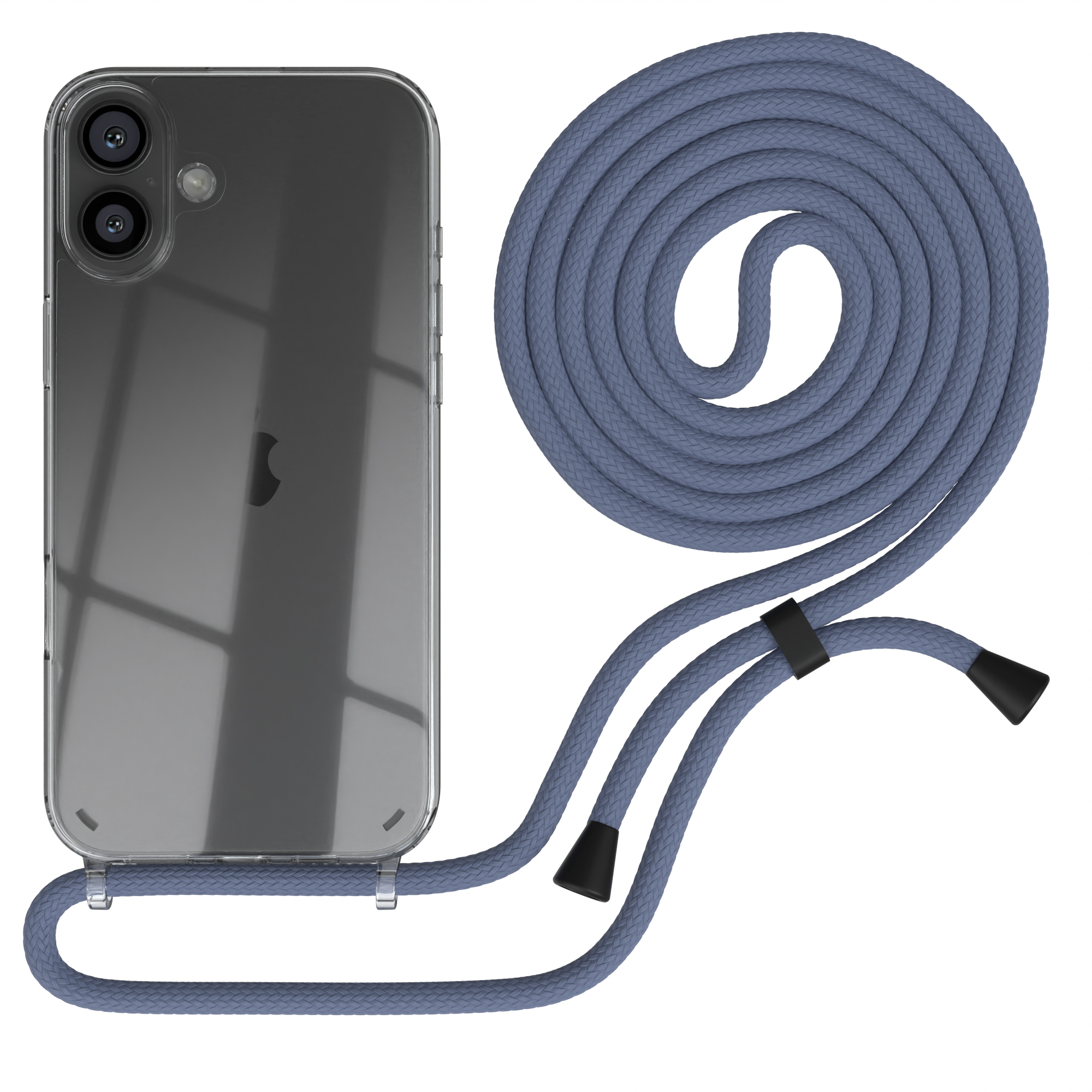 Transparente Handyhülle mit blauem Seil. Rückseite des Telefons sichtbar, mit aufgerolltem Seil daneben.