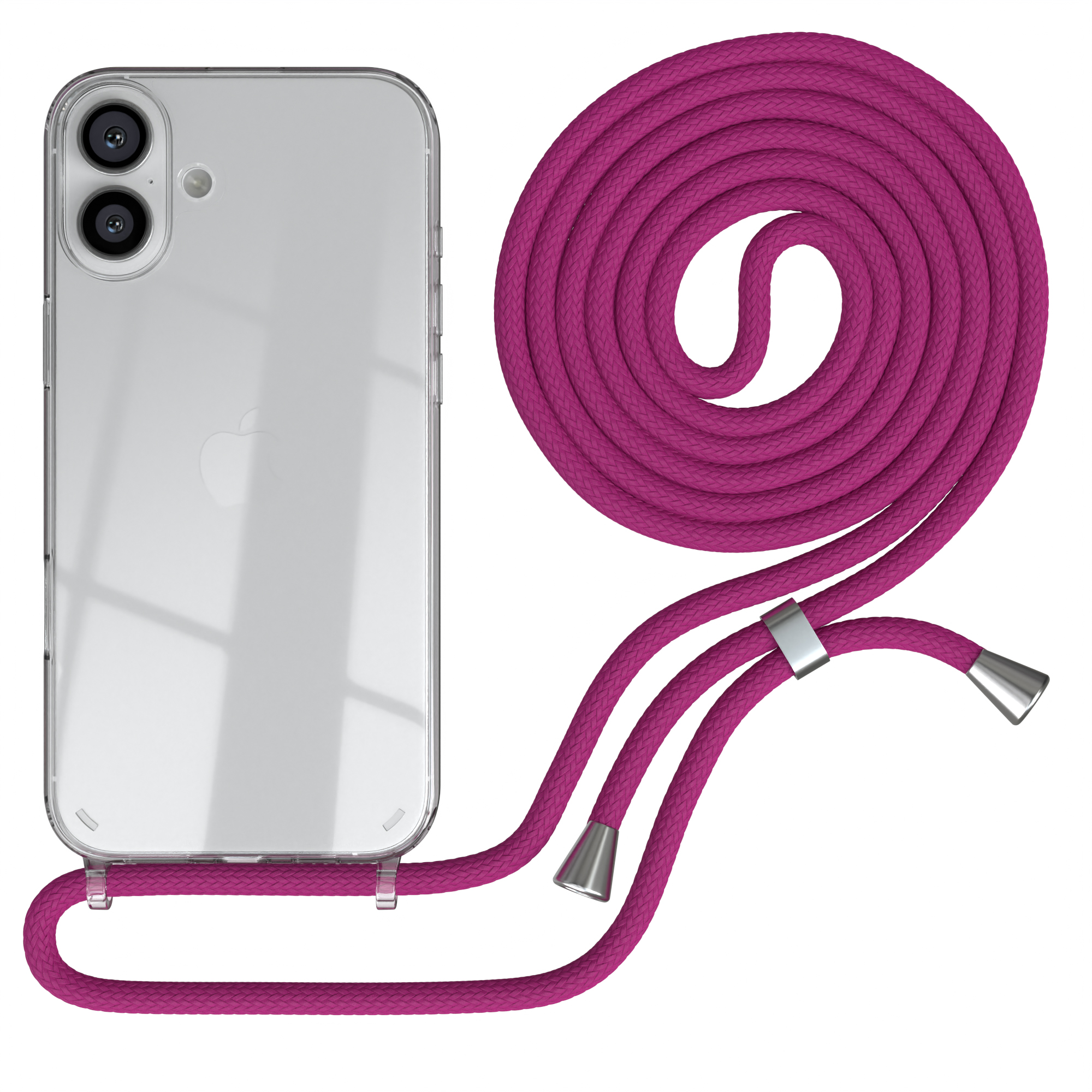 Telefon mit rosa Bandhülle, zeigt Rückseite des Telefons, weißer Hintergrund.
