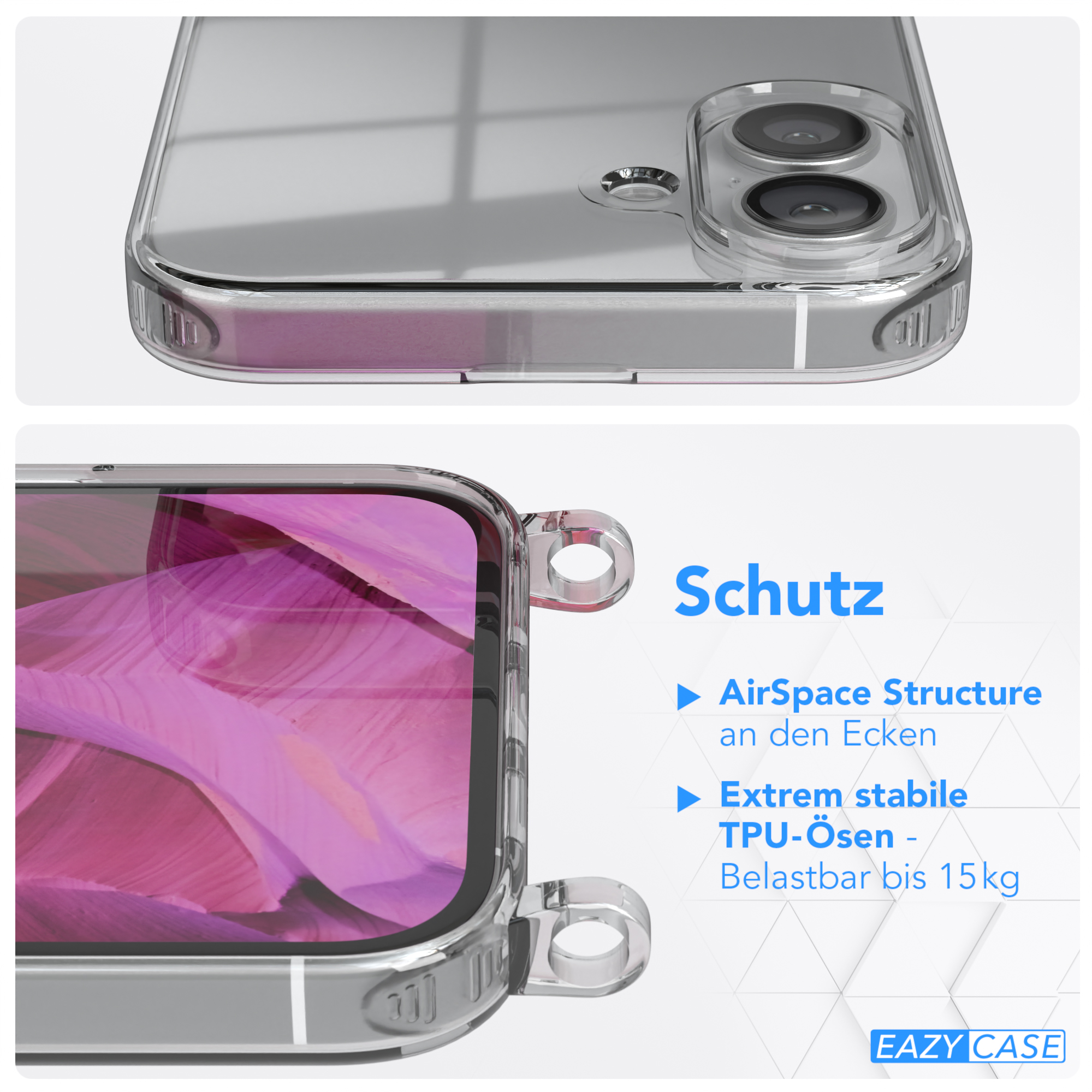 Eine Handyhülle mit transparenten Ecken. Text: AirSpace Structure, Extreme TPU-Augen.