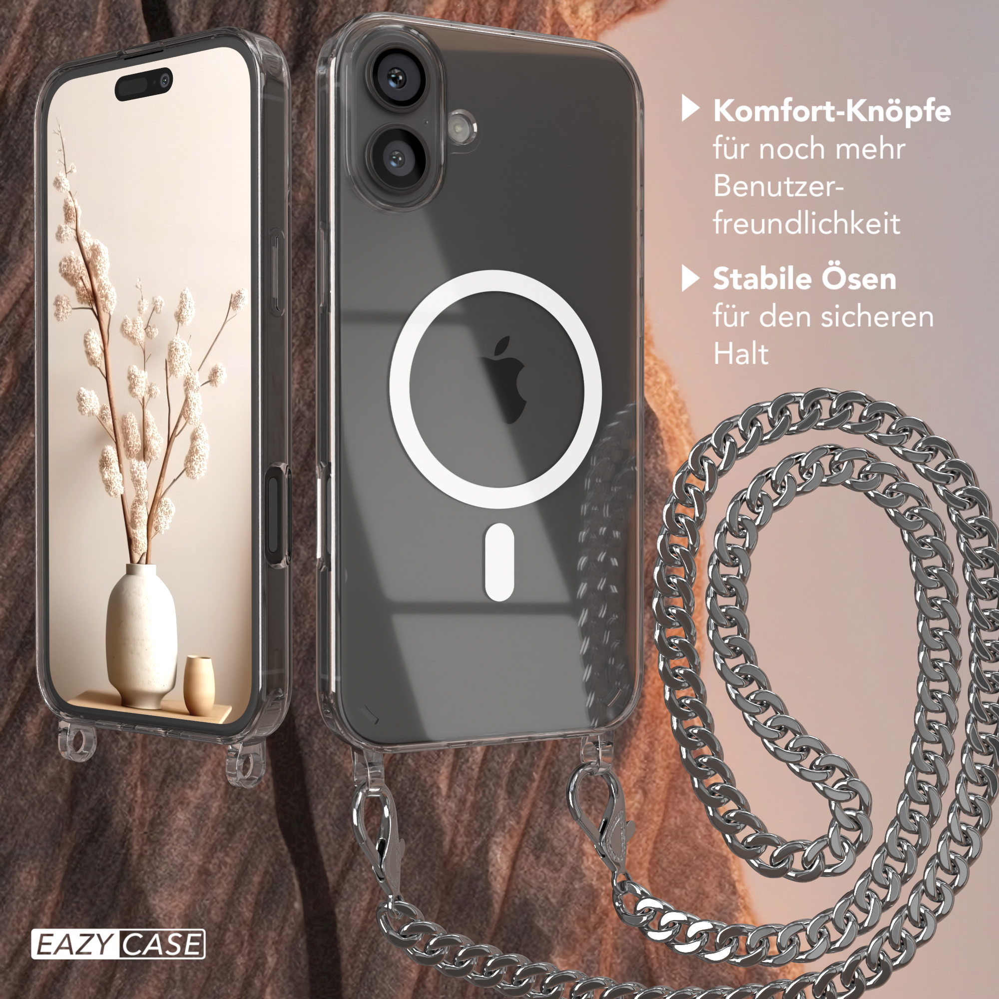 Telefonhülle mit Kette, Rückseite und Vorderseite zeigend.