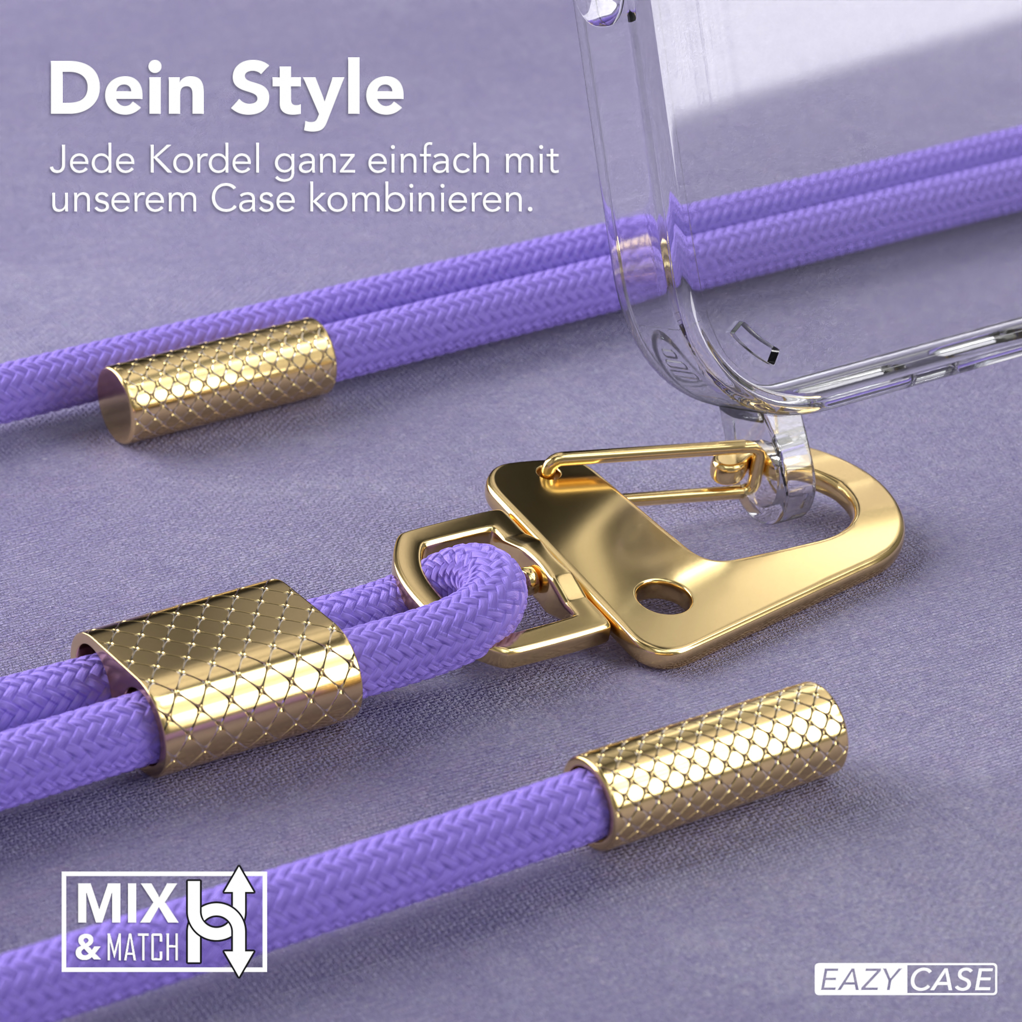 Eine Handyhülle mit lila Kordel und goldenen Akzenten. Die Hülle liegt auf einer Oberfläche.
