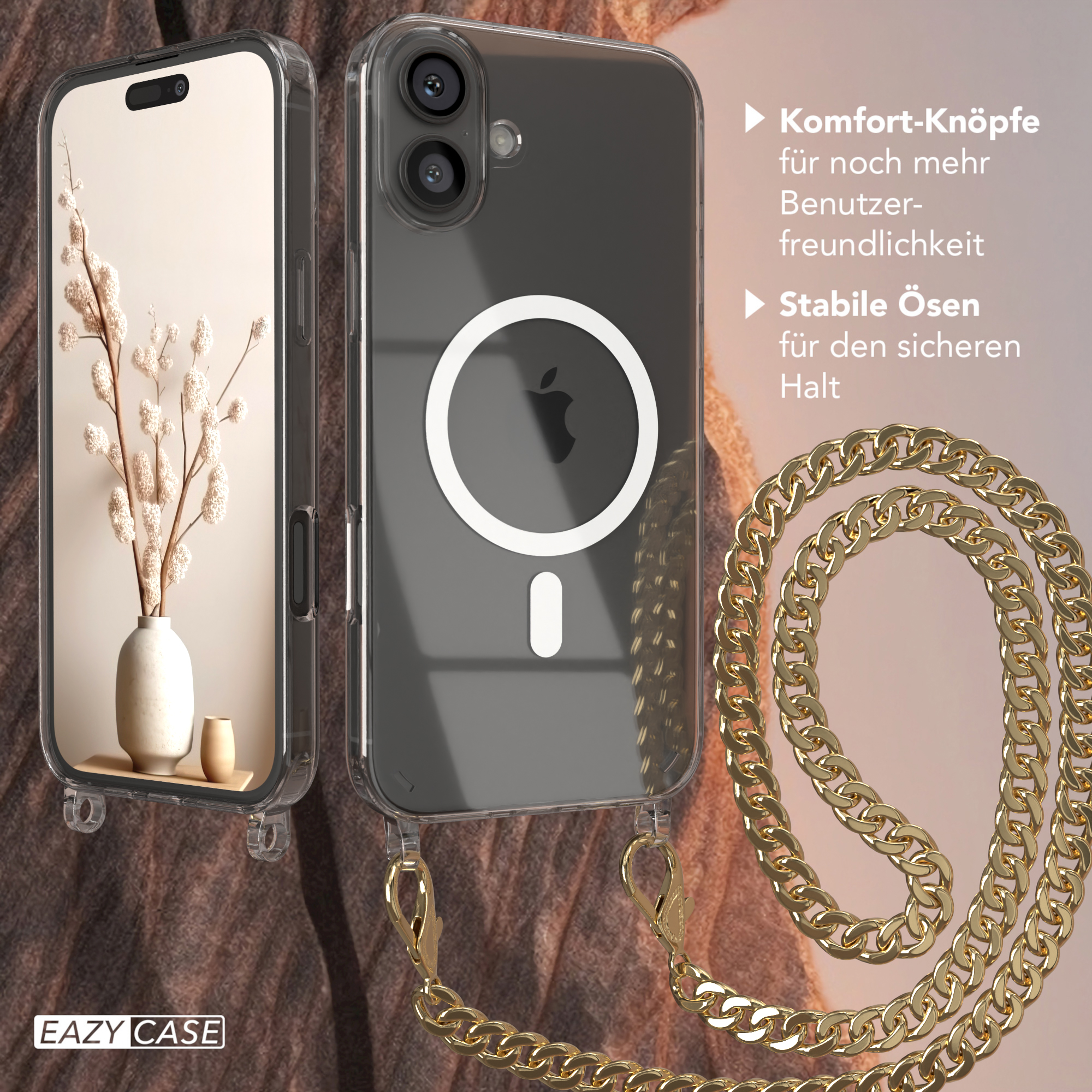 Handyhülle mit goldener Kette, Telefon in der Hülle, Vase mit Blumen.