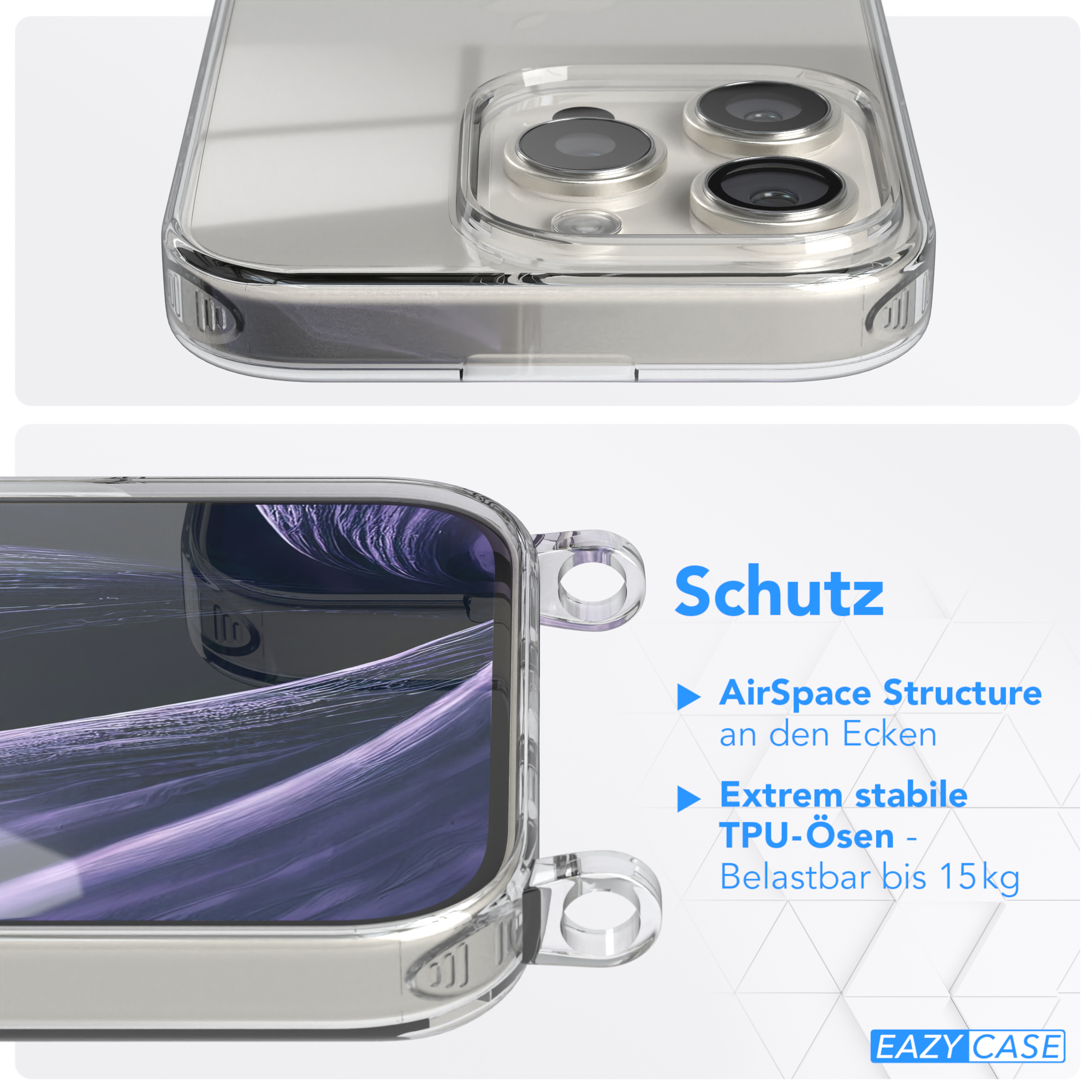 Nahaufnahme einer transparenten Handyhülle. Zeigt Telefondetails und die Schutzfunktionen der Hülle.