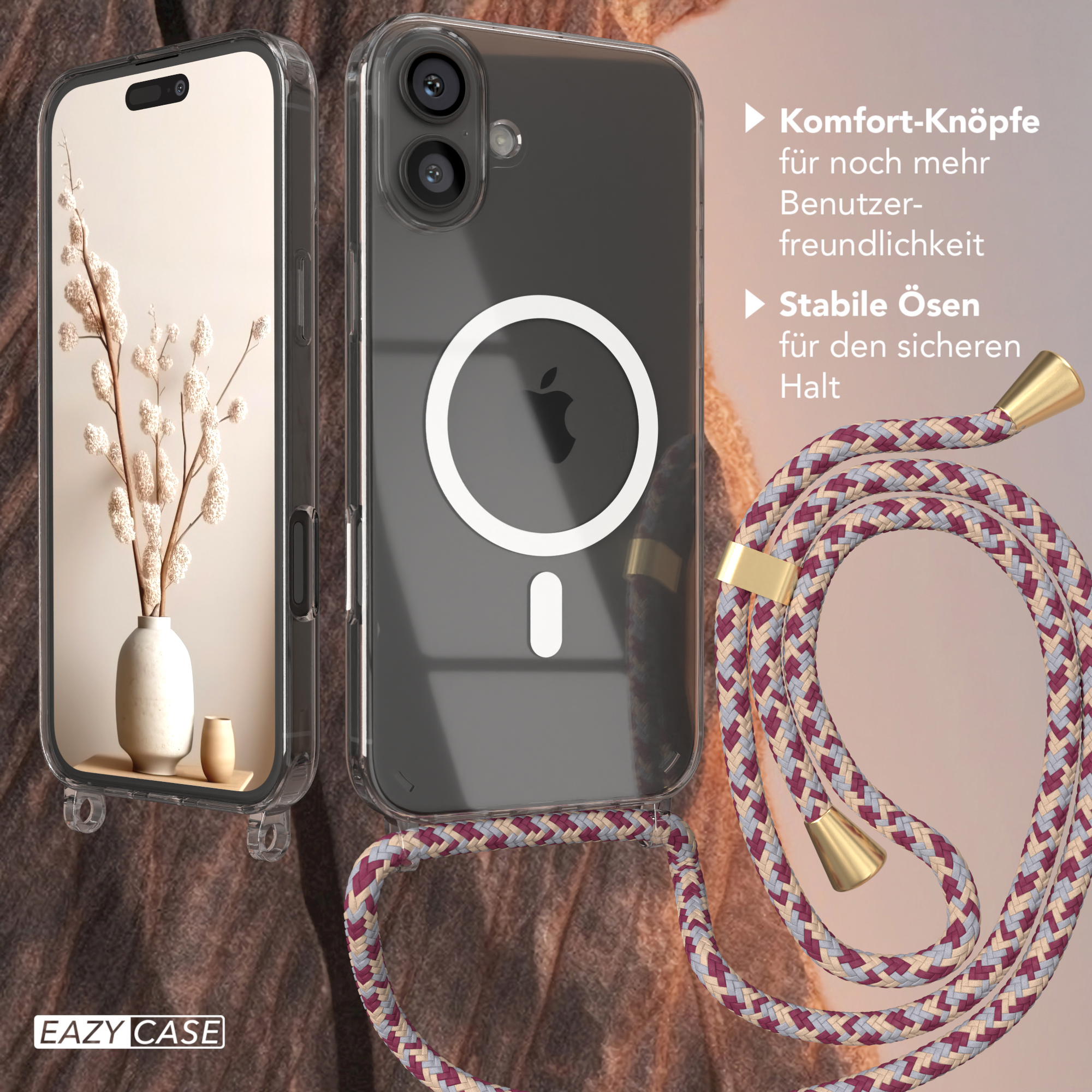 Ein Telefon in einer durchsichtigen Hülle mit einem Riemen und eine Vase mit Blumen.