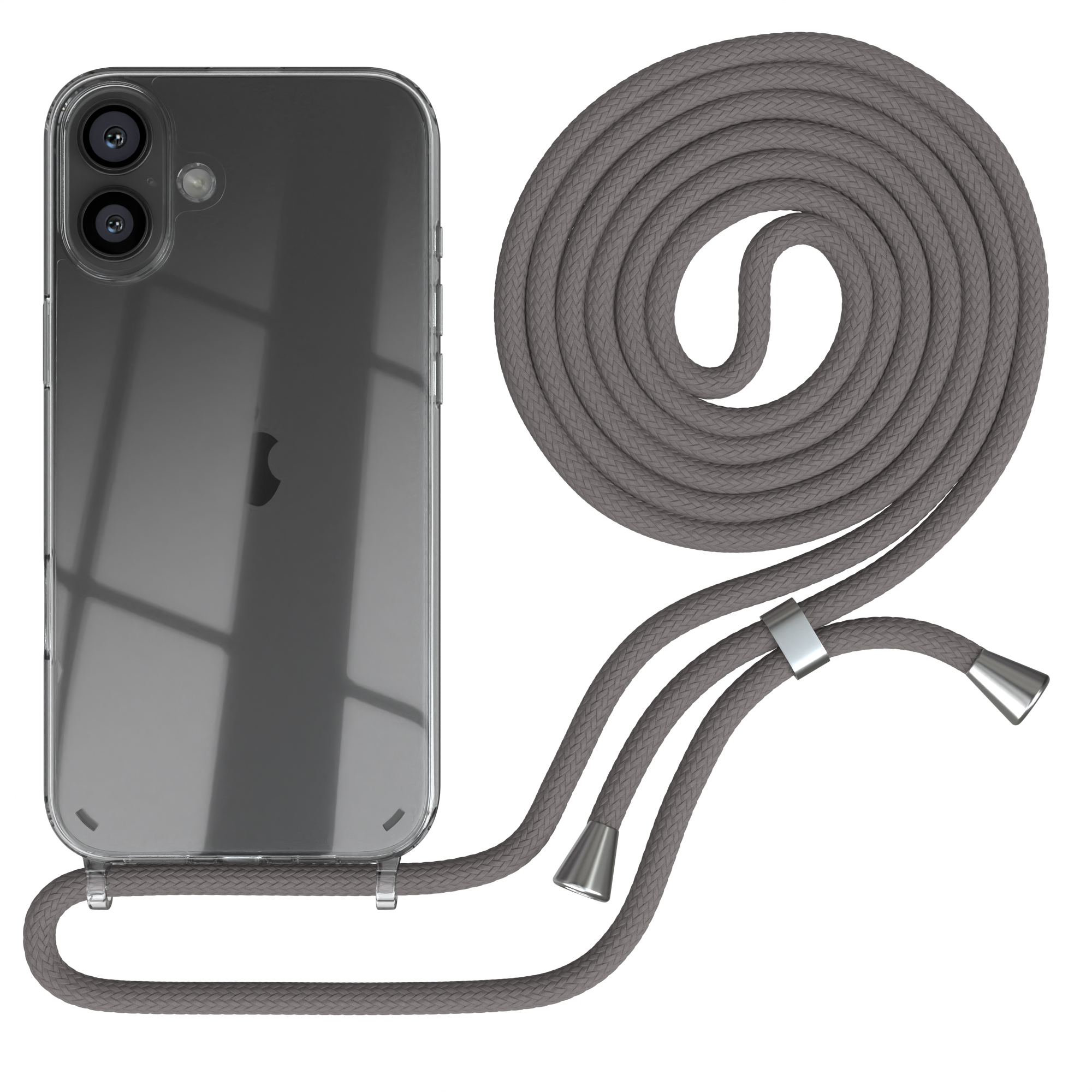 Transparente Handyhülle mit grauem Seil und Telefon. Das Telefon hat eine Kamera.