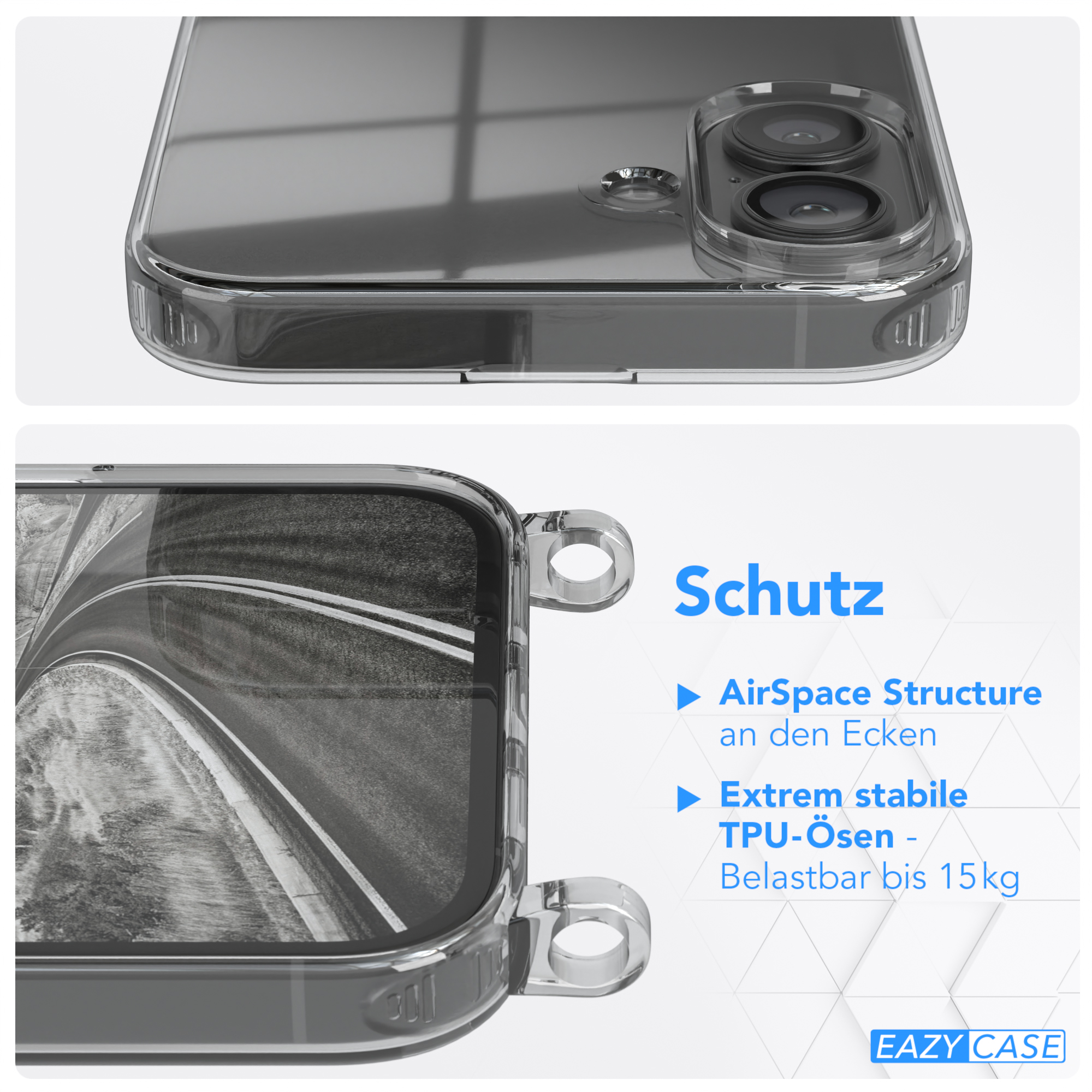 Transparente Handyhülle mit durchsichtigem Rücken und schützenden Kanten.