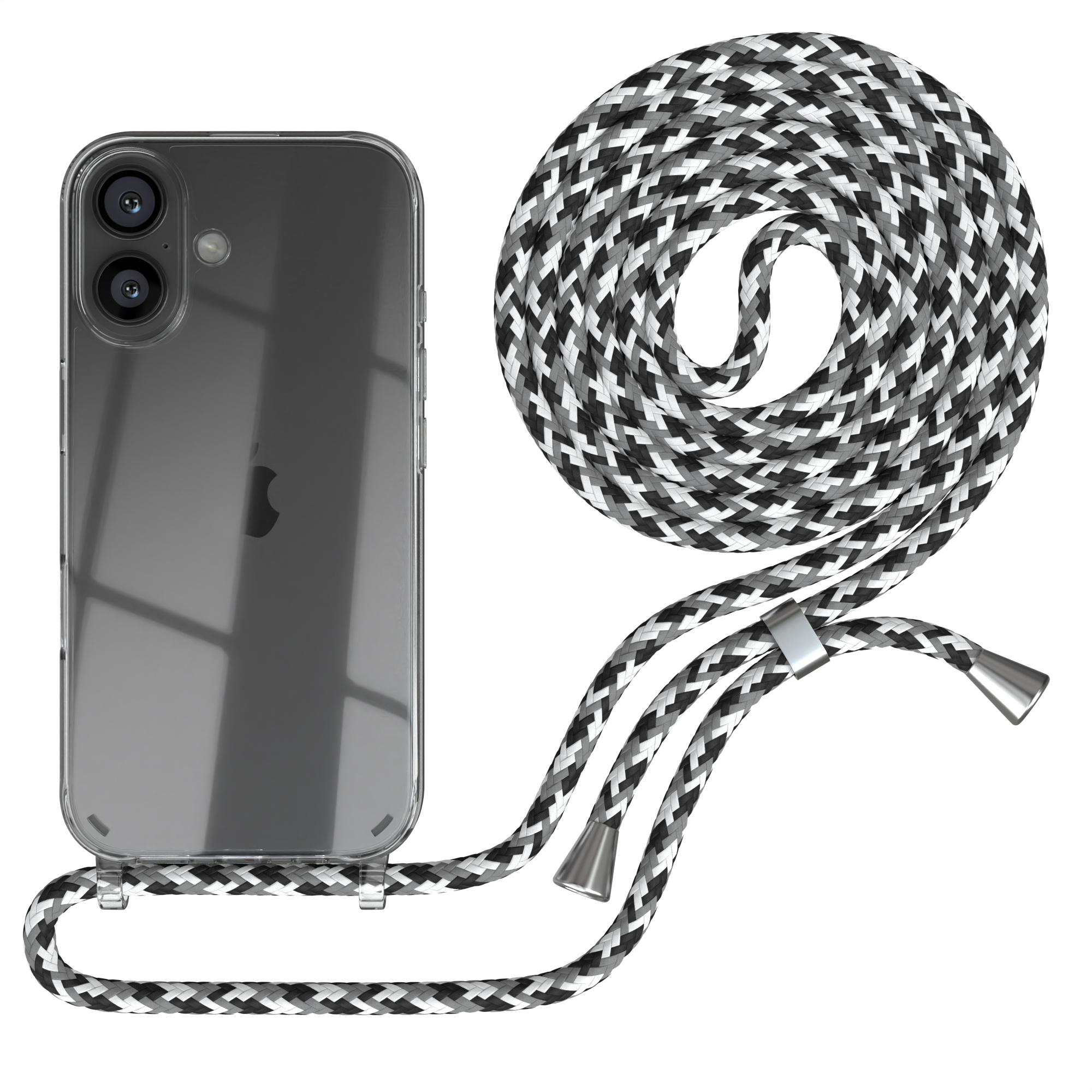 Transparente Handyhülle mit schwarz-weißem Seilriemen. Telefon hat eine transparente Hülle.
