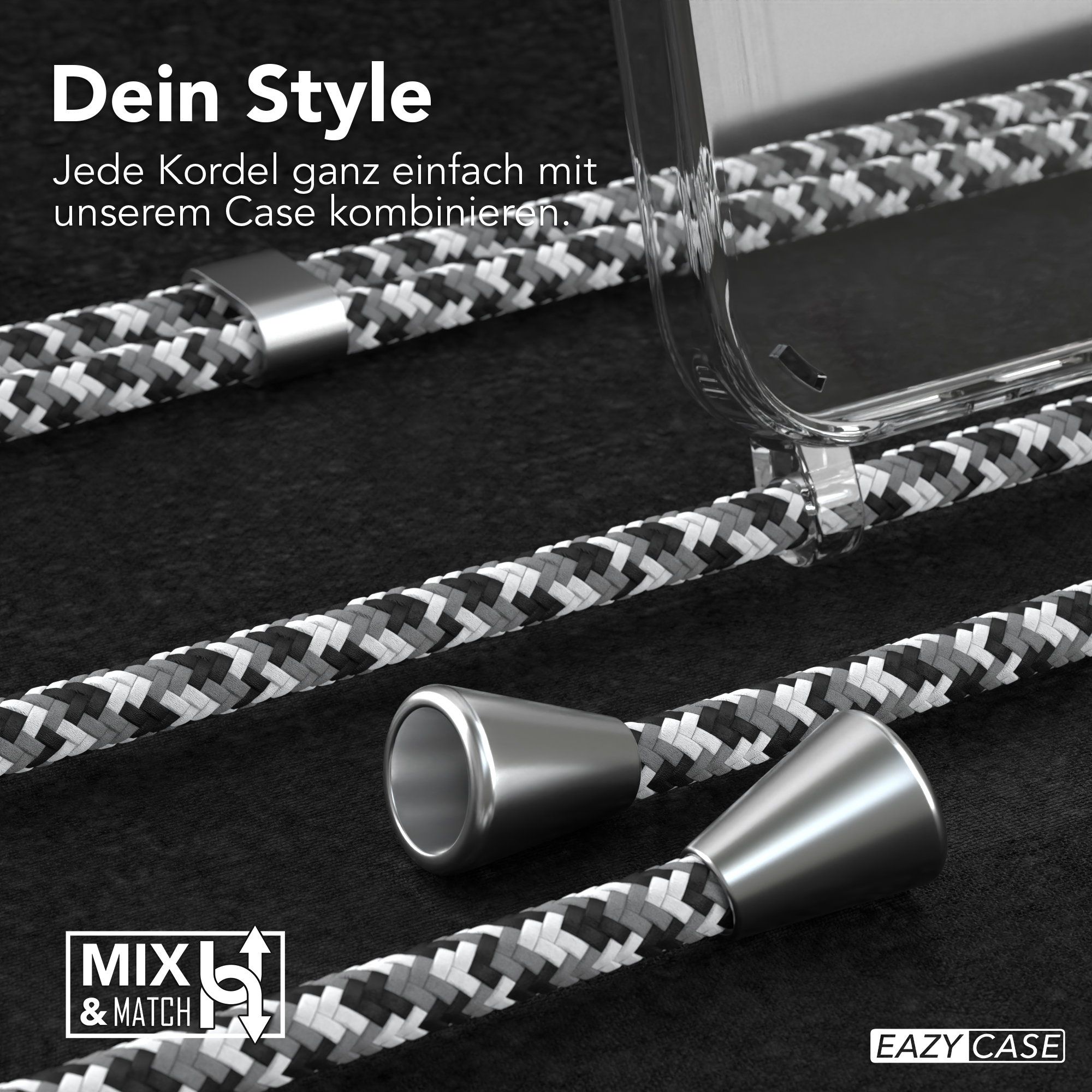 Handyhülle mit silbernen Details und einem schwarz-weiß-grauen Kabel. Text lautet 'MXL & MATCH'.