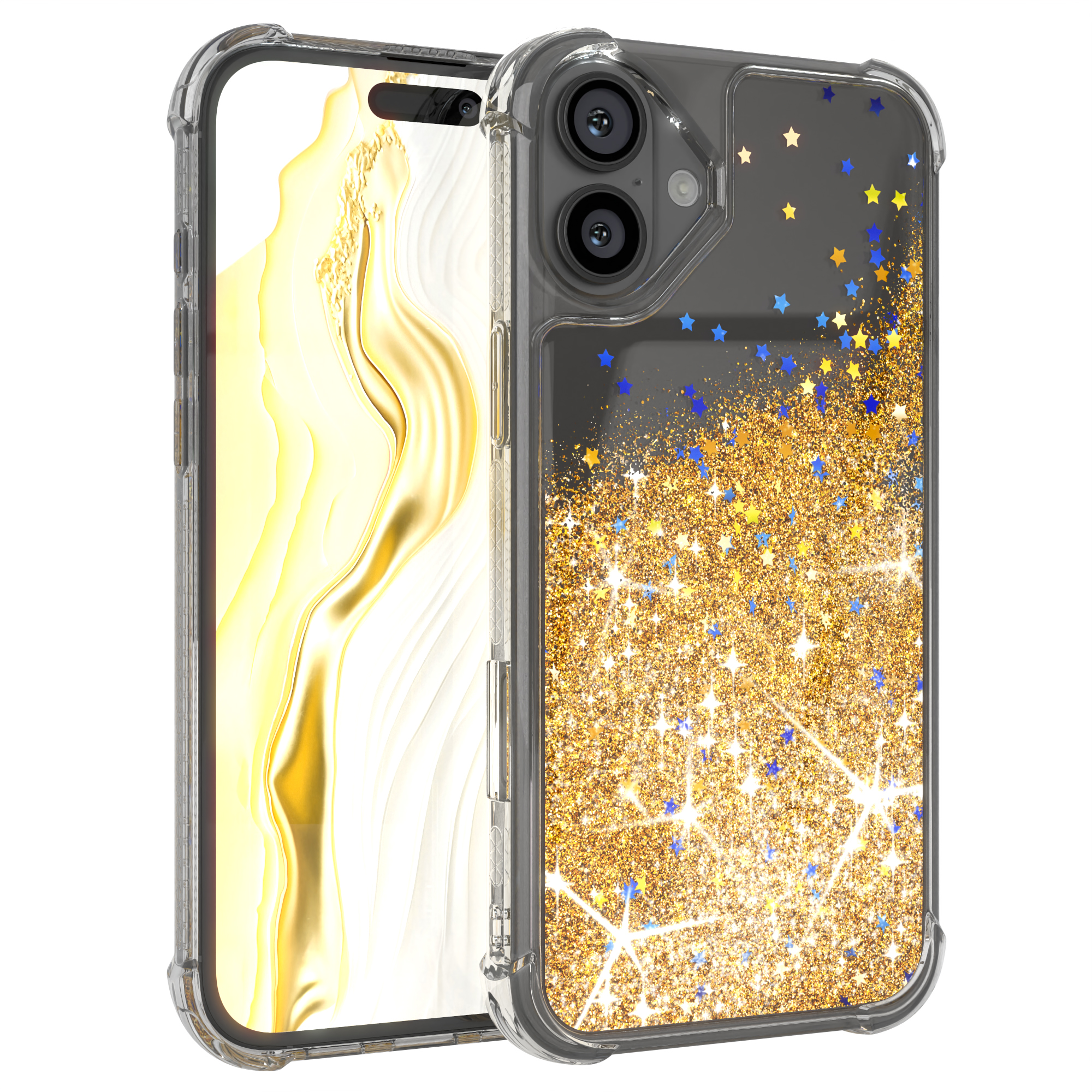 Eine durchsichtige Handyhülle mit goldenem Glitzer und blauen Sternen, vor weißem Hintergrund.