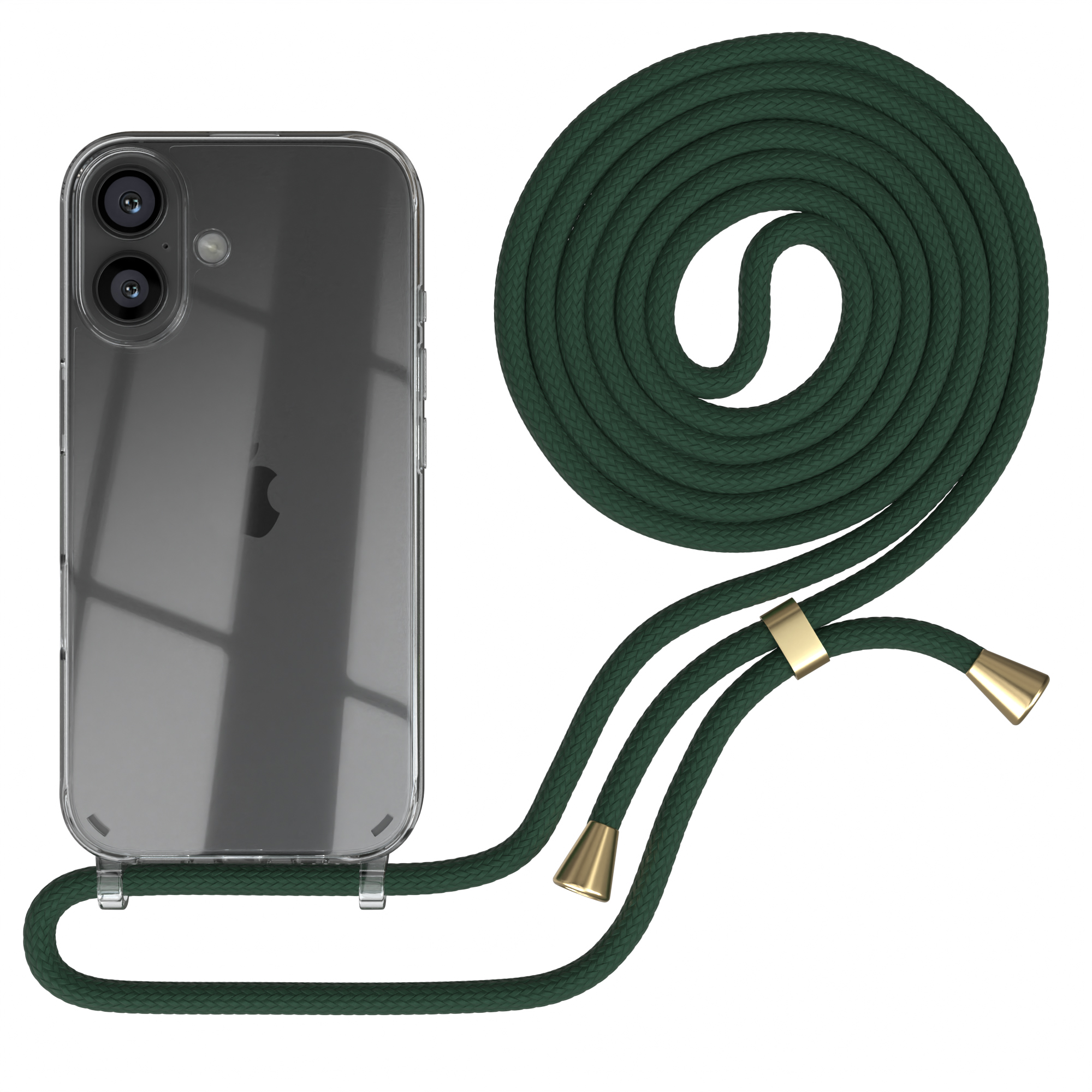 Transparente Handyhülle mit grünem geflochtenem Lanyard. Telefon hat zwei Kameras und das Apple-Logo.
