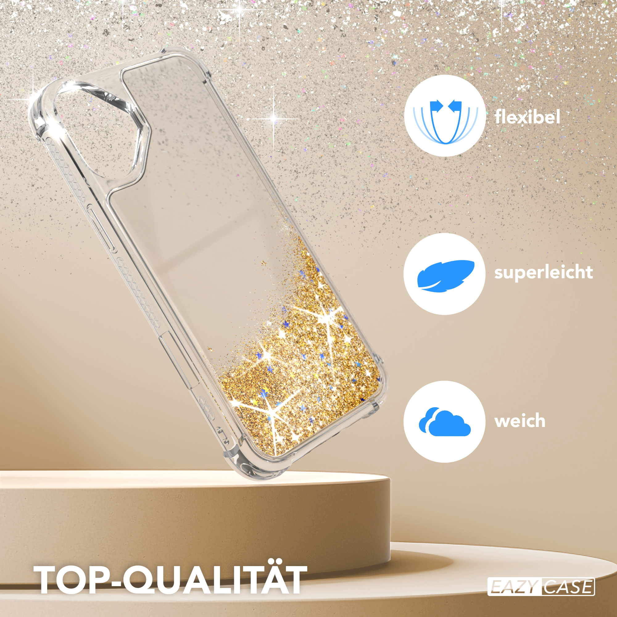 Transparente Handyhülle mit Goldglitzer. Klare Hülle mit Goldglitzer auf goldener Plattform mit Blasen.