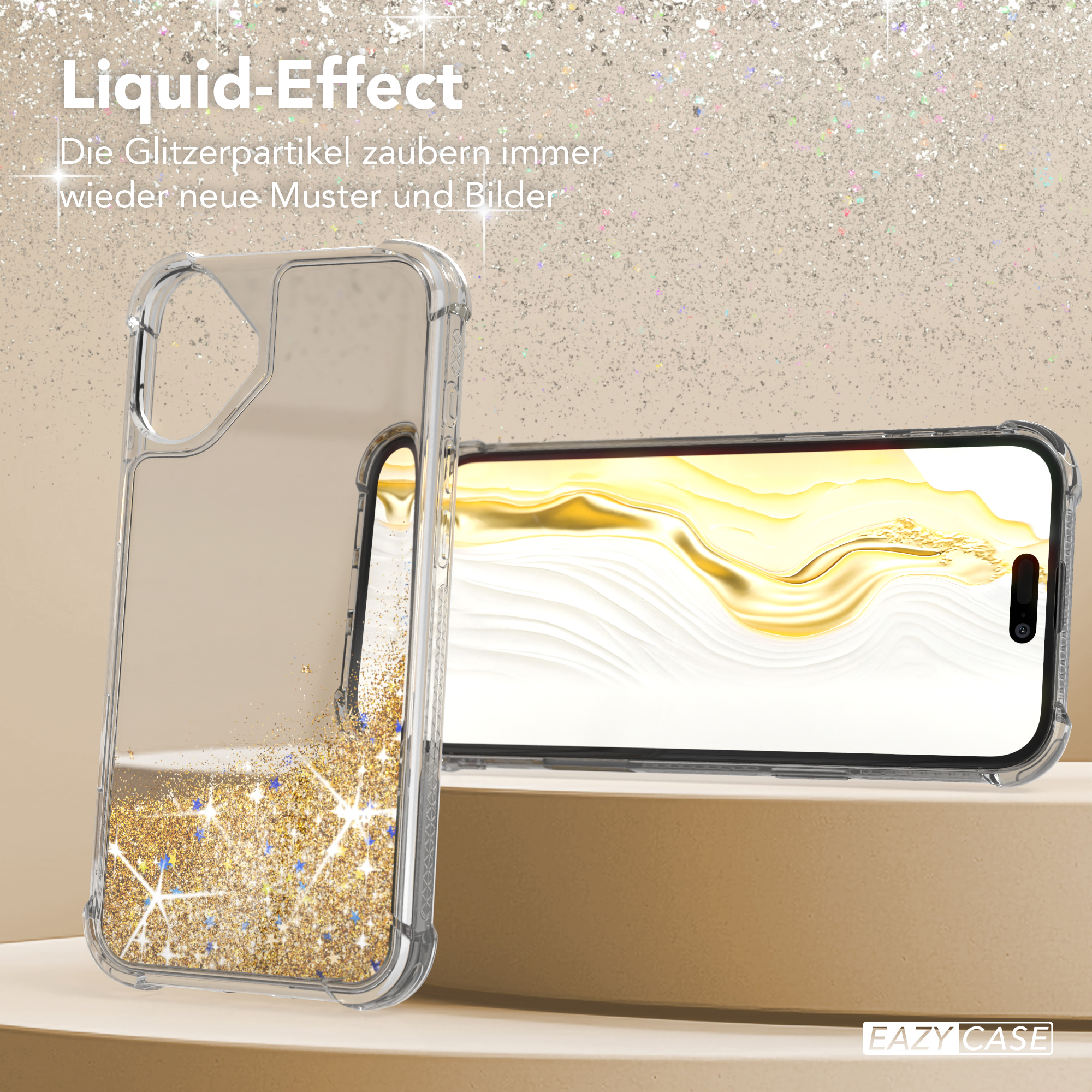 Handyhülle mit Flüssigkeitsglitzer und Telefon darin.