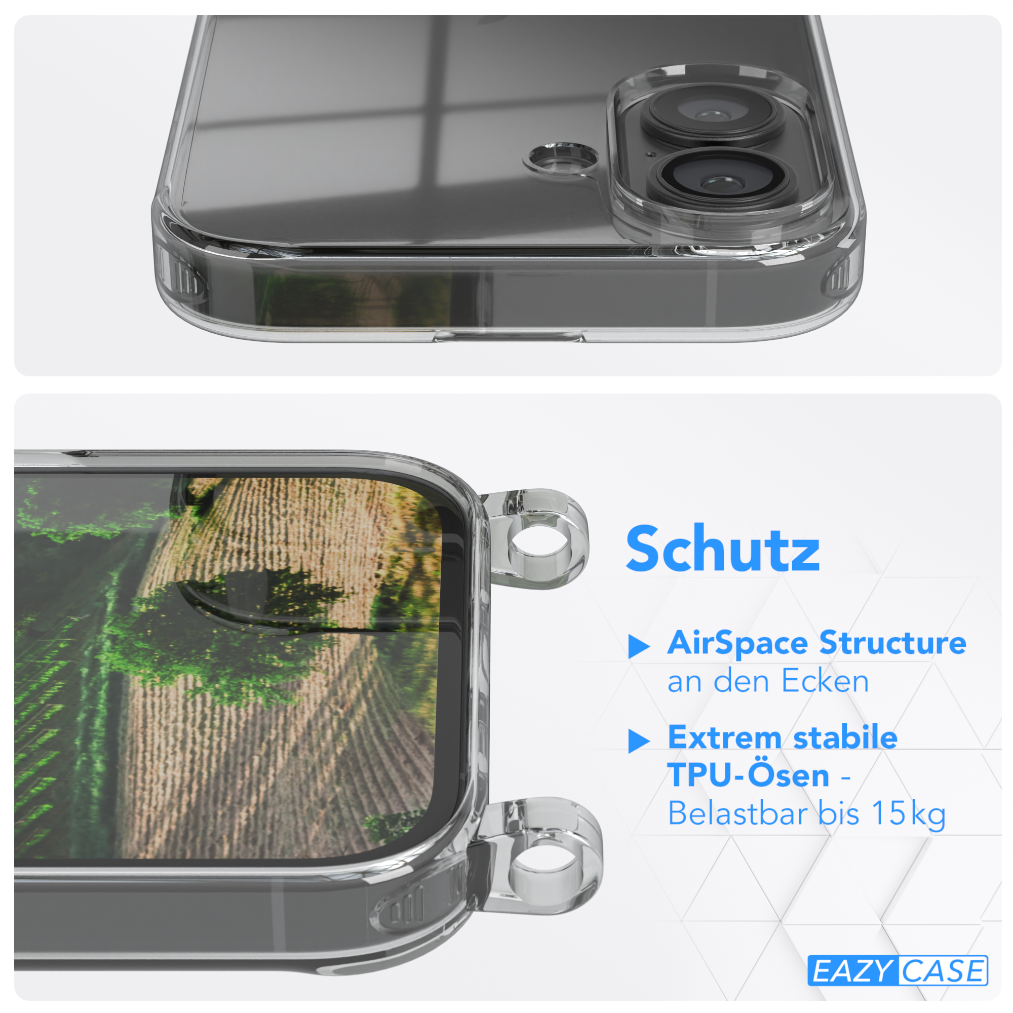 Nahaufnahme einer transparenten Handyhülle mit Baumhintergrund. Die Hülle hat Schutzfunktionen.