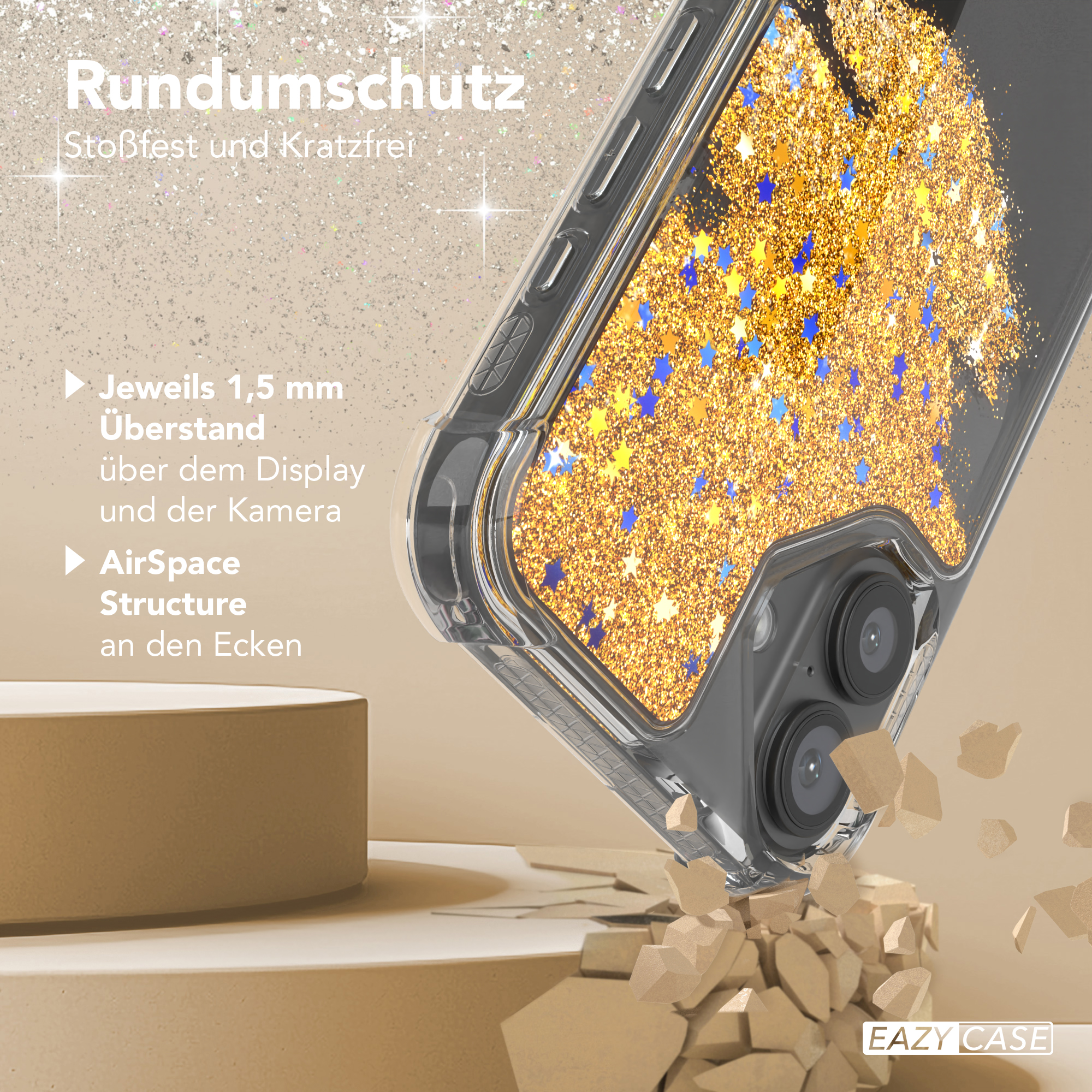 Transparente Handyhülle mit Glitzersternen und Telefon. Deutscher Text. Zerbröselnde Oberfläche.