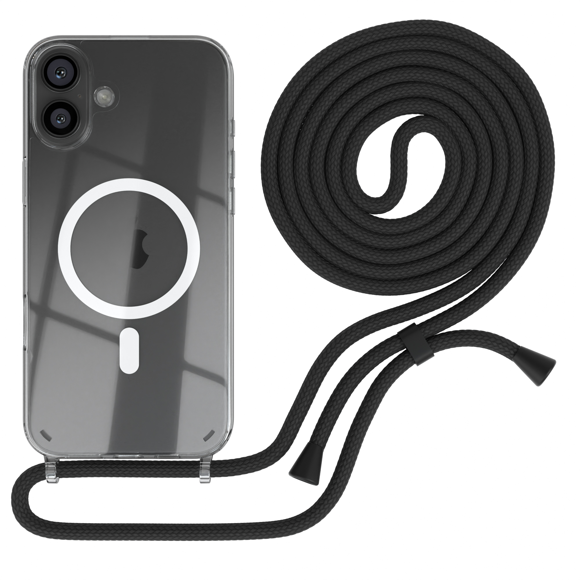Transparente Handyhülle mit schwarzem Seilriemen. Das Telefon ist links. Das Seil ist rechts.