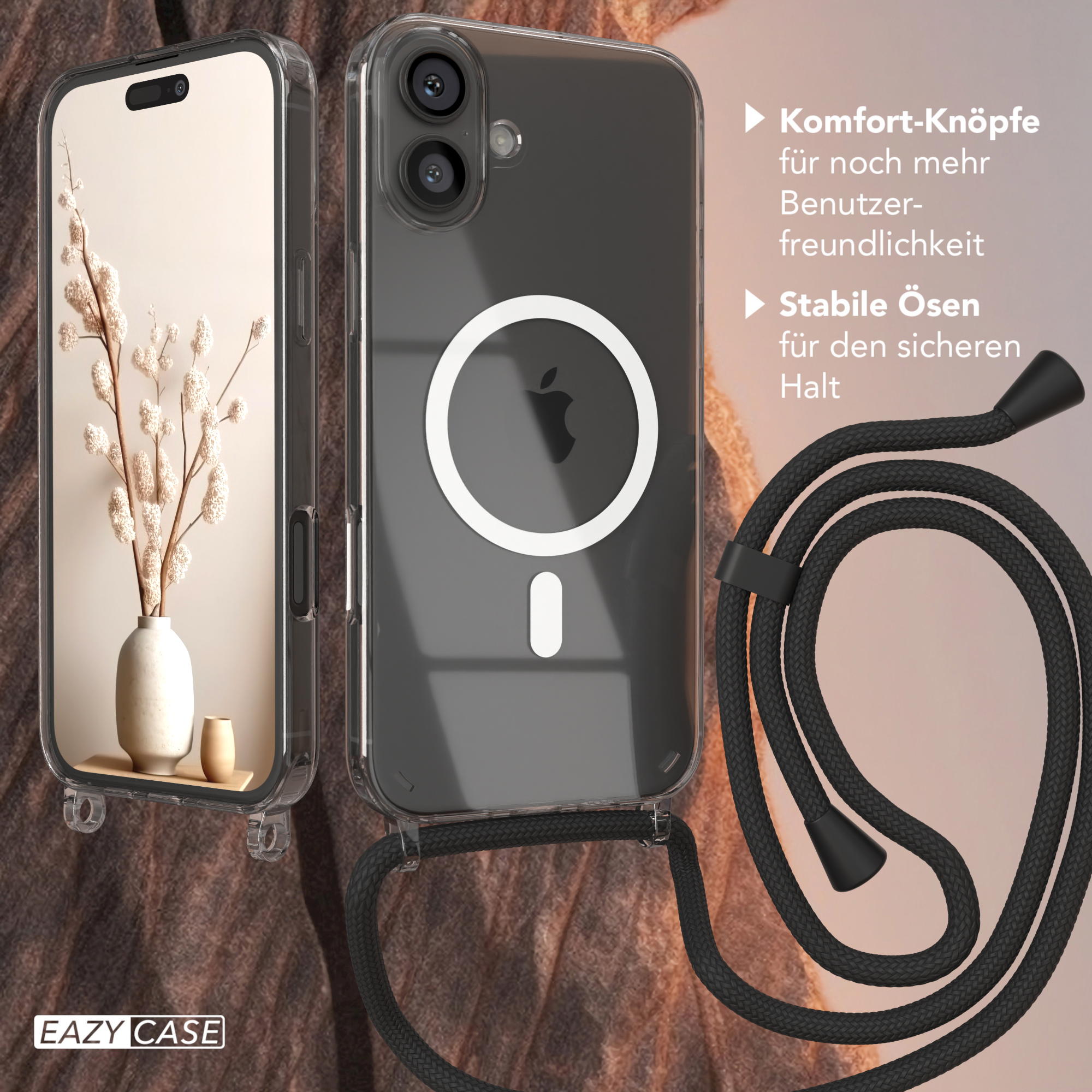 Eine Handyhülle mit Lanyard. Die Hülle hat eine klare Rückseite und ist am Telefon befestigt.