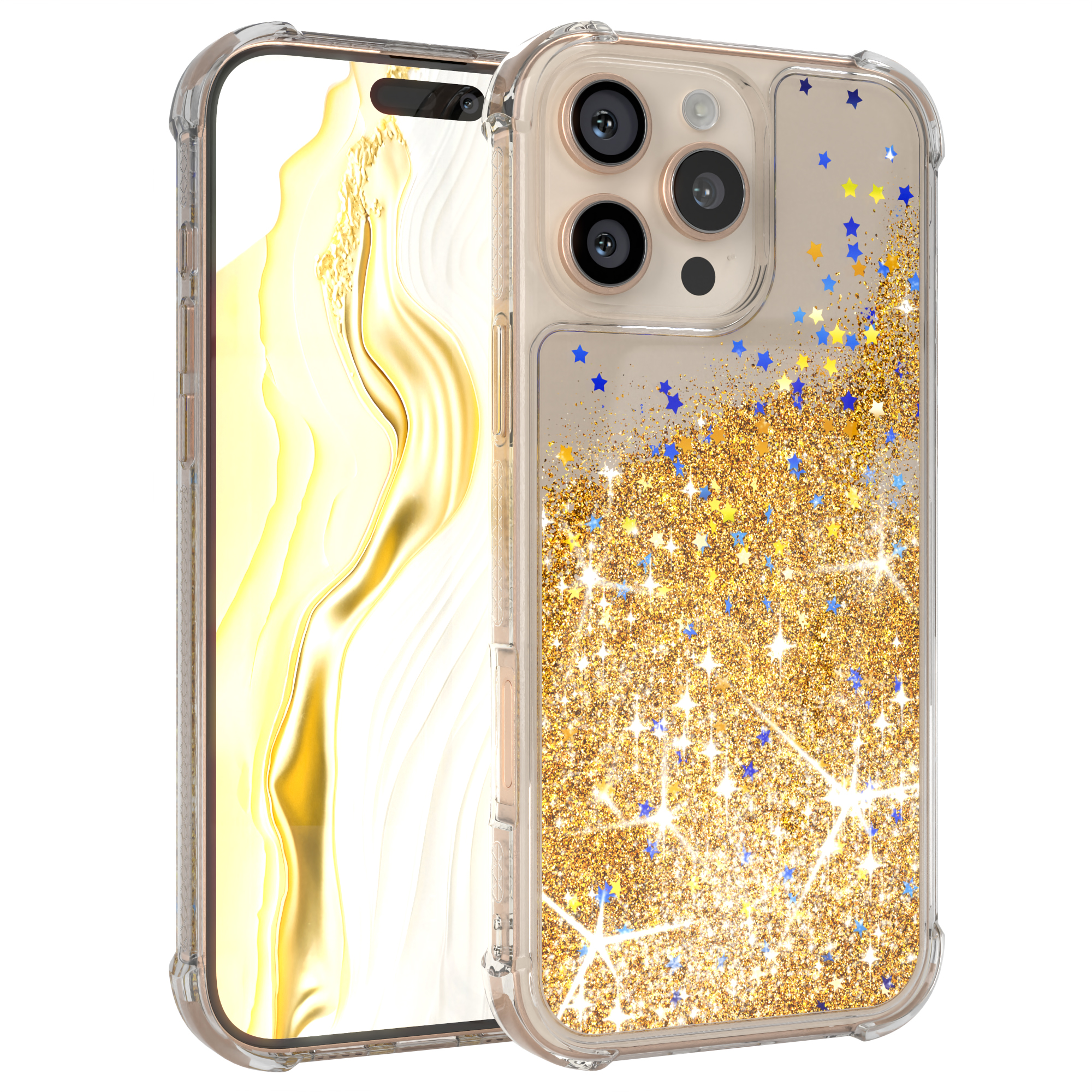 Transparente Handyhülle mit Goldglitter und blauen Sternen. Das Telefon liegt auf weißem Untergrund.