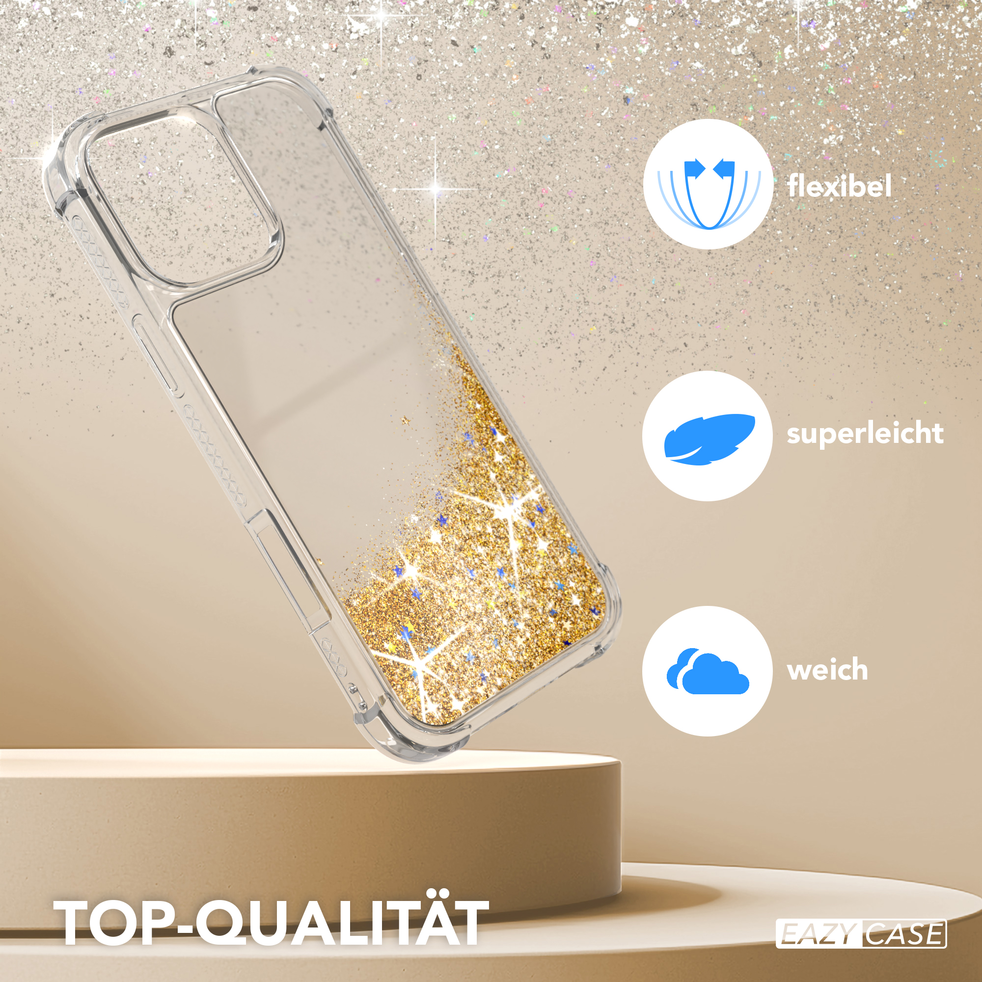 Transparente Handyhülle mit Goldglitter, auf einem Ständer. Symbole für flexibel, leicht und weich sind zu sehen.