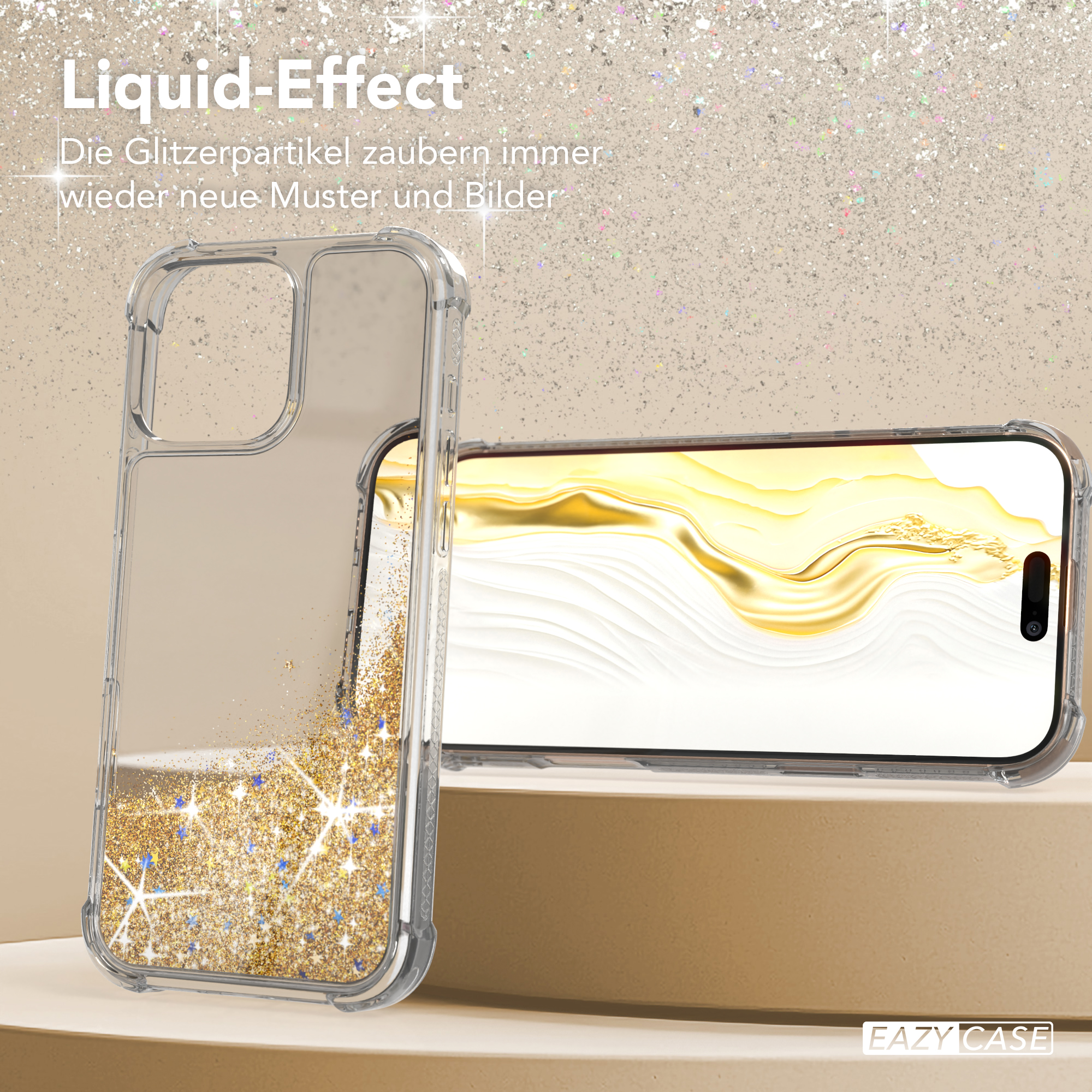 Transparente Handyhülle mit flüssigem Glitzer und Telefon darin. Text: Liquid-Effect.