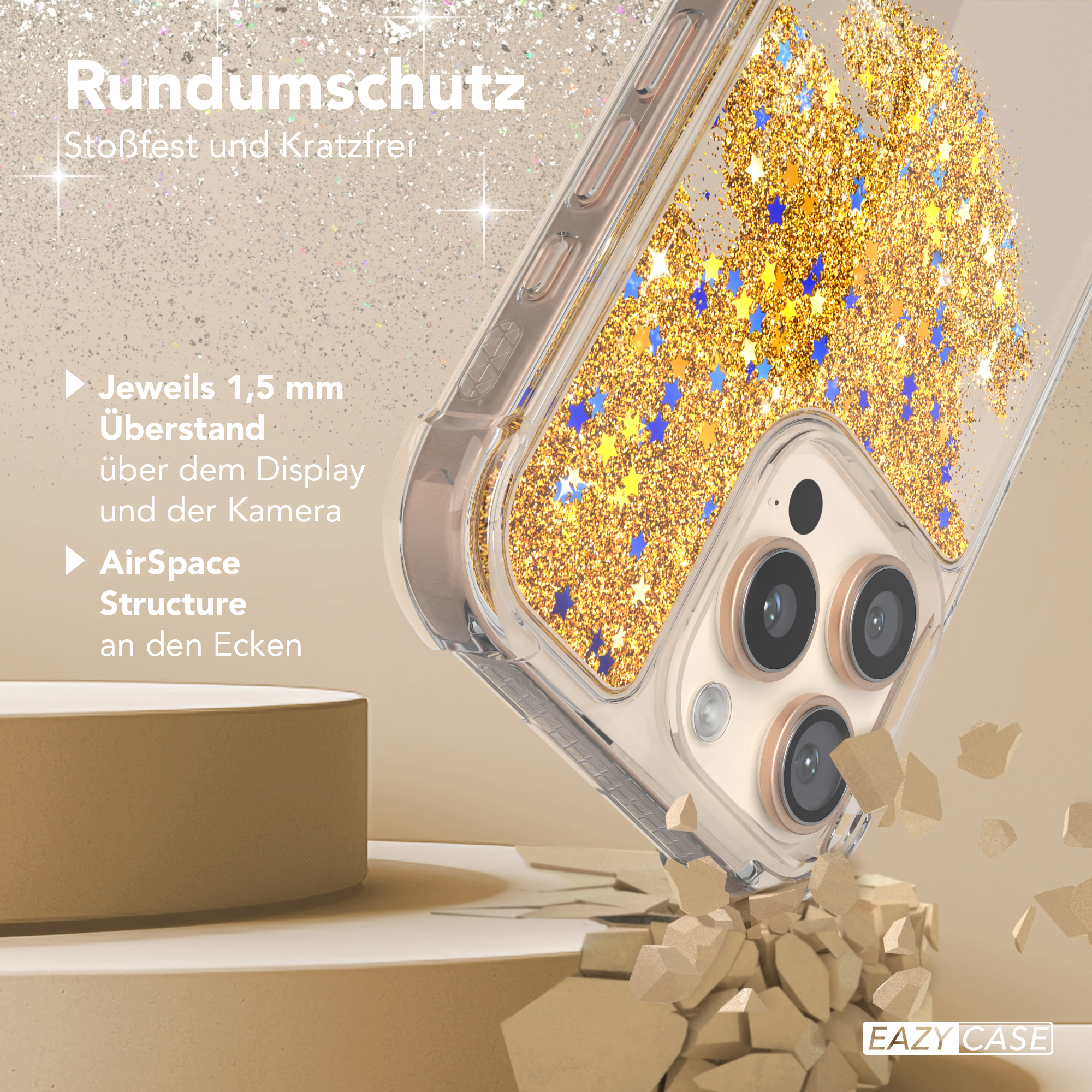 Nahaufnahme einer Handyhülle mit Goldglitzer und blauen Sternen. Hülle liegt auf Oberfläche mit Trümmern, Text 'EAZY CASE'.
