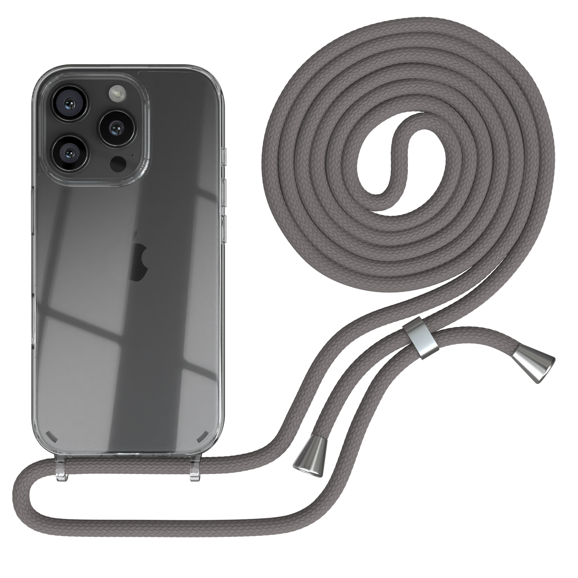 Handyhülle mit grauem Riemen. Das Telefon ist transparent und hat drei Kameras.
