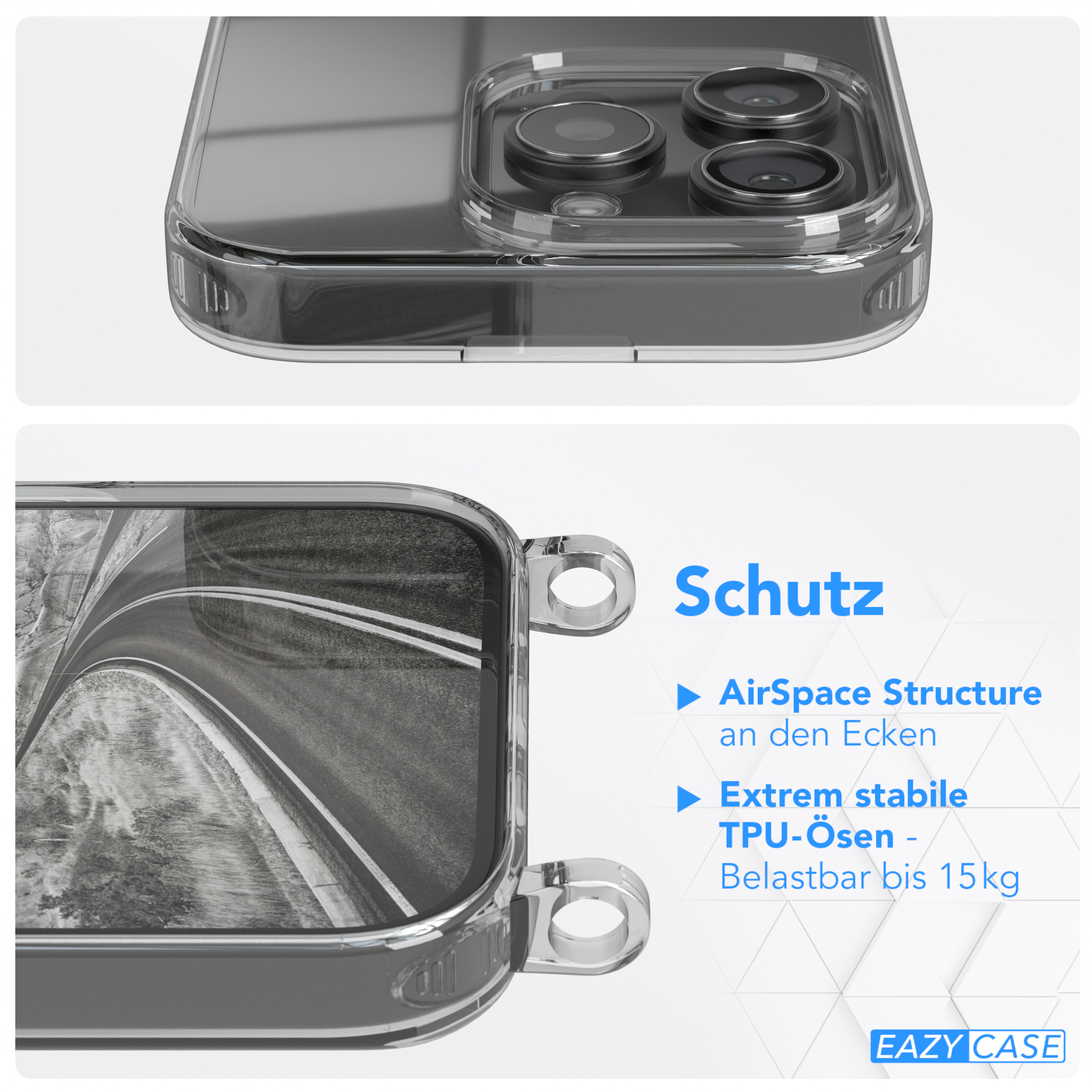 Nahaufnahme einer Handyhülle mit transparentem Rahmen, die Funktionen und Design zeigt.