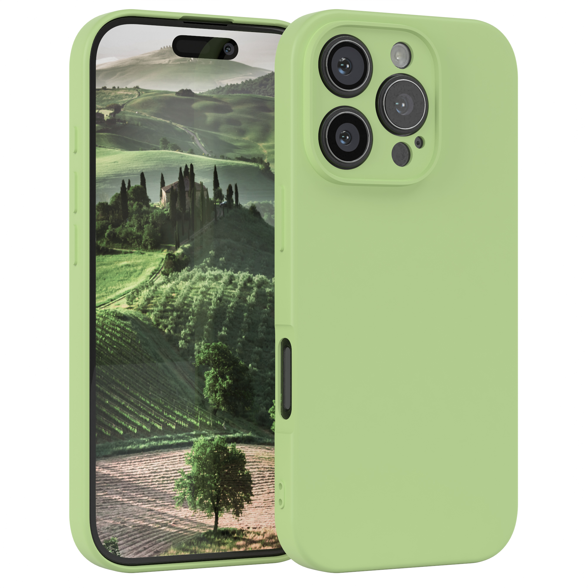 Telefon mit grüner Hülle. Hintergrund zeigt Landschaft. Das Telefon ist sichtbar.