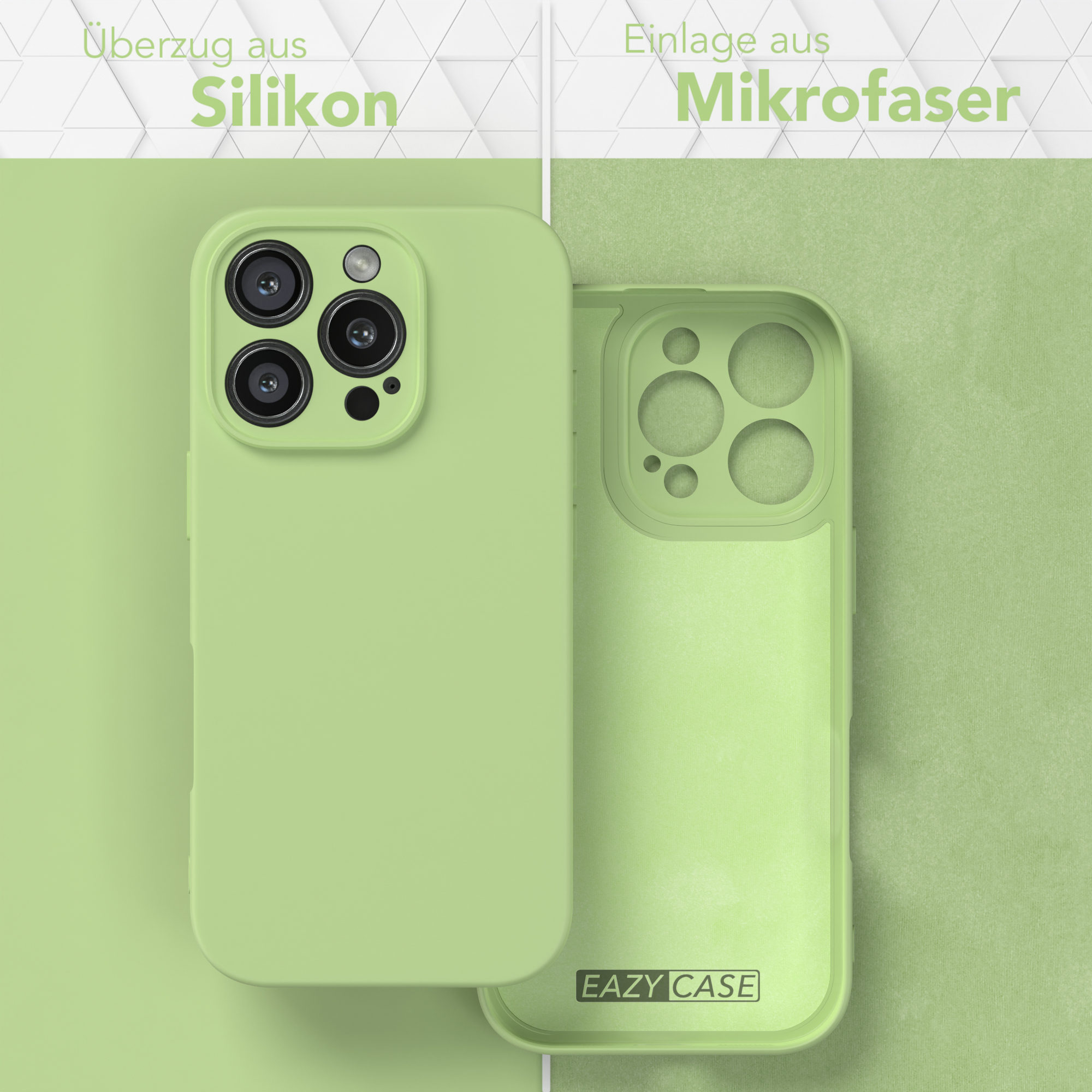 Zwei Handyhüllen, eine grün und eine geöffnet. Zeigt die Silikonaußenseite und das Mikrofaserinnere.