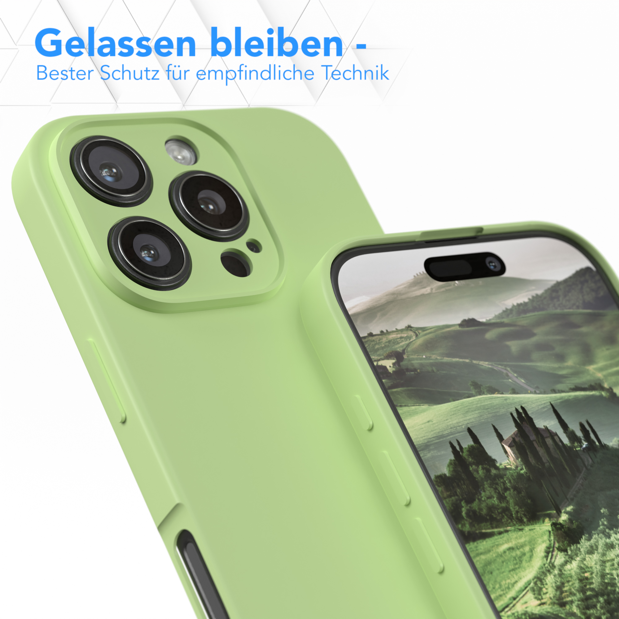 Eine grüne Handyhülle auf einem Telefon mit drei Kameralinsen.