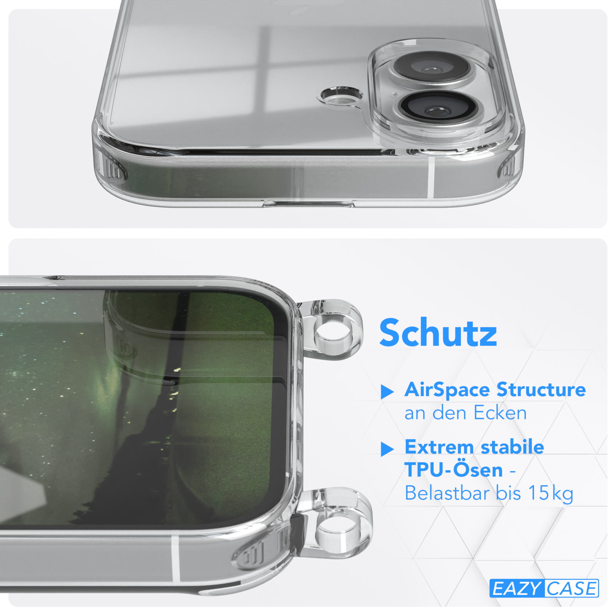 Transparente Handyhülle, Nahaufnahme, mit Text und Schutzdetails.