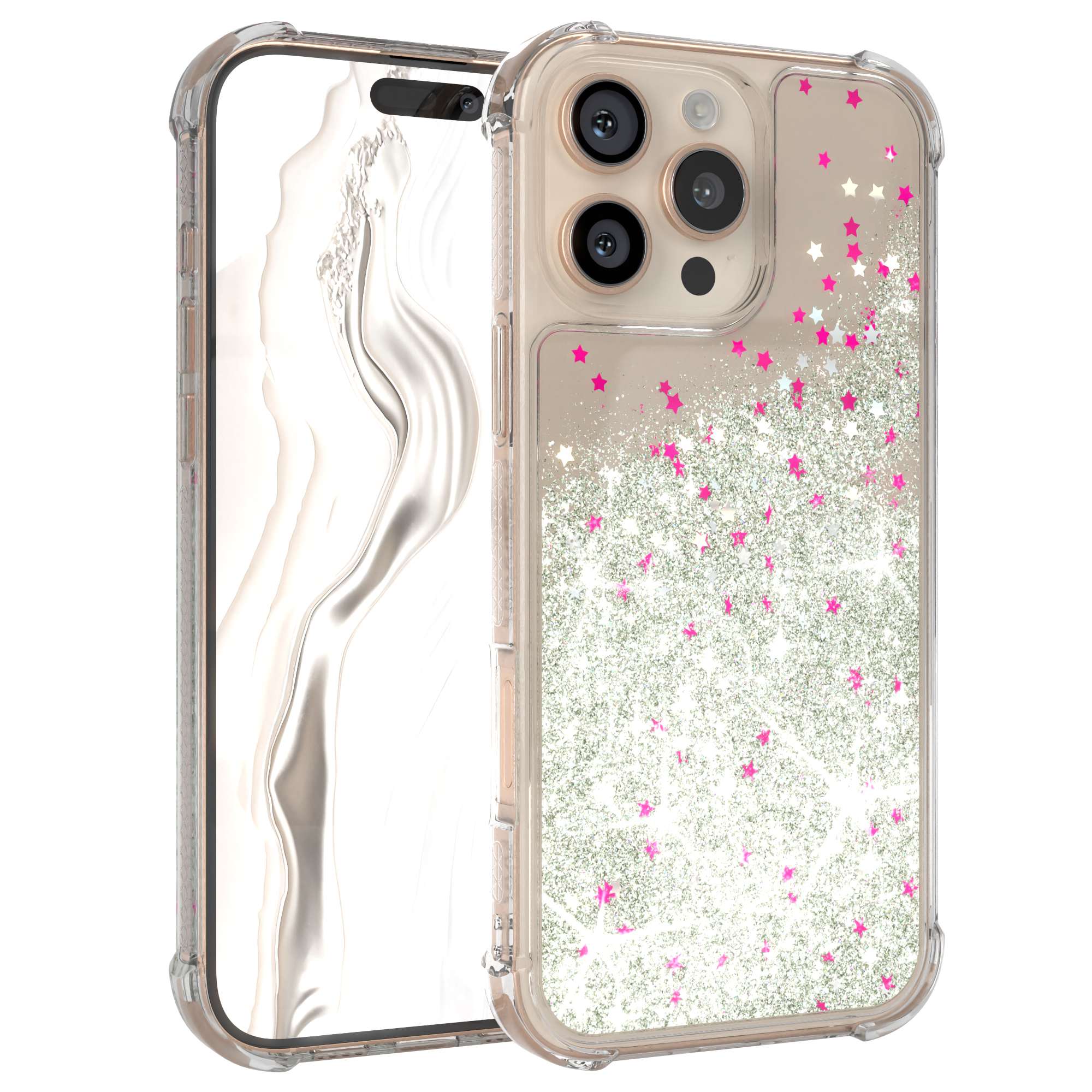Transparente Handyhülle mit silbernen und rosa Glitzersternen, die teilweise ein Telefon bedecken.
