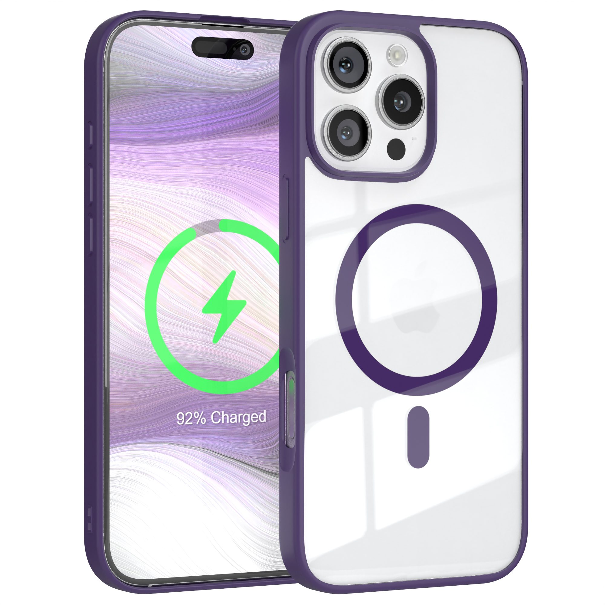 Lila Handyhülle auf weißem Hintergrund, schützt ein Handy. Das Handy lädt und zeigt einen grünen Blitz.