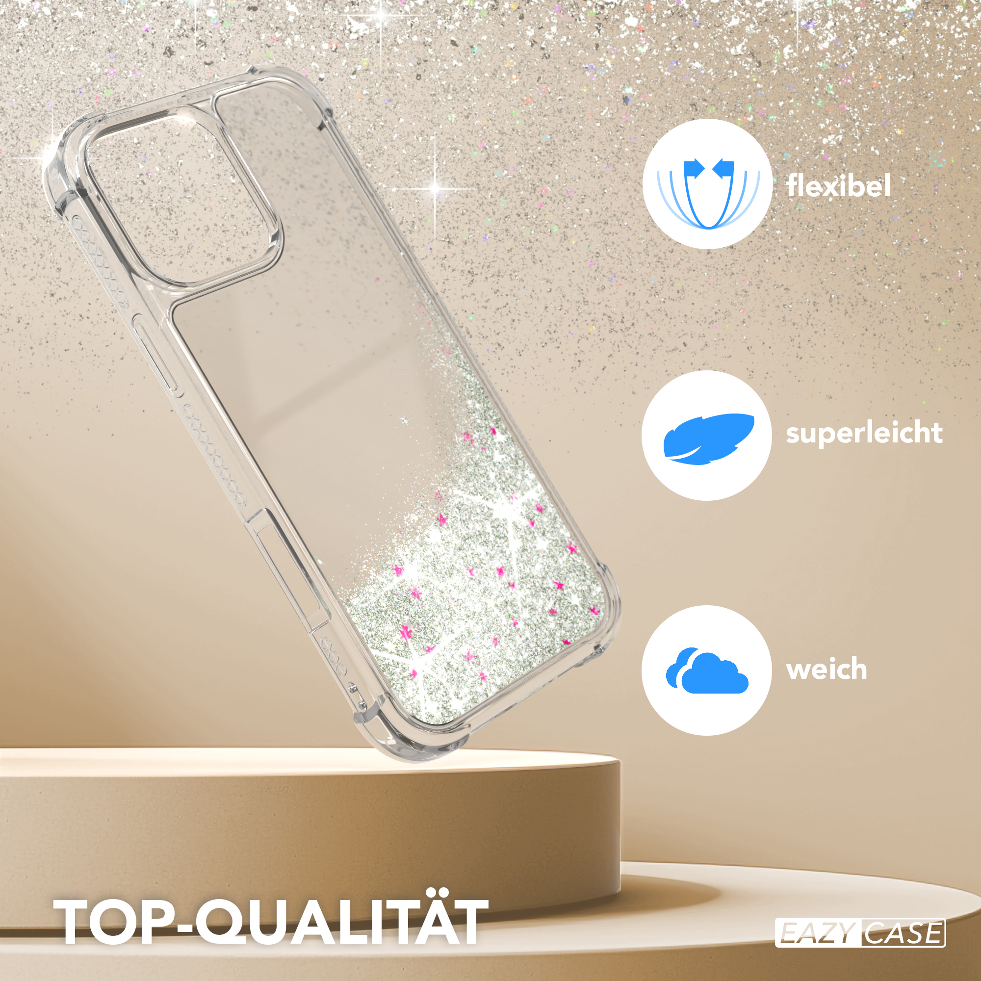 Eine transparente Handyhülle mit Glitzer, auf einem Ständer, mit Symbolen für flexibel, leicht und weich.