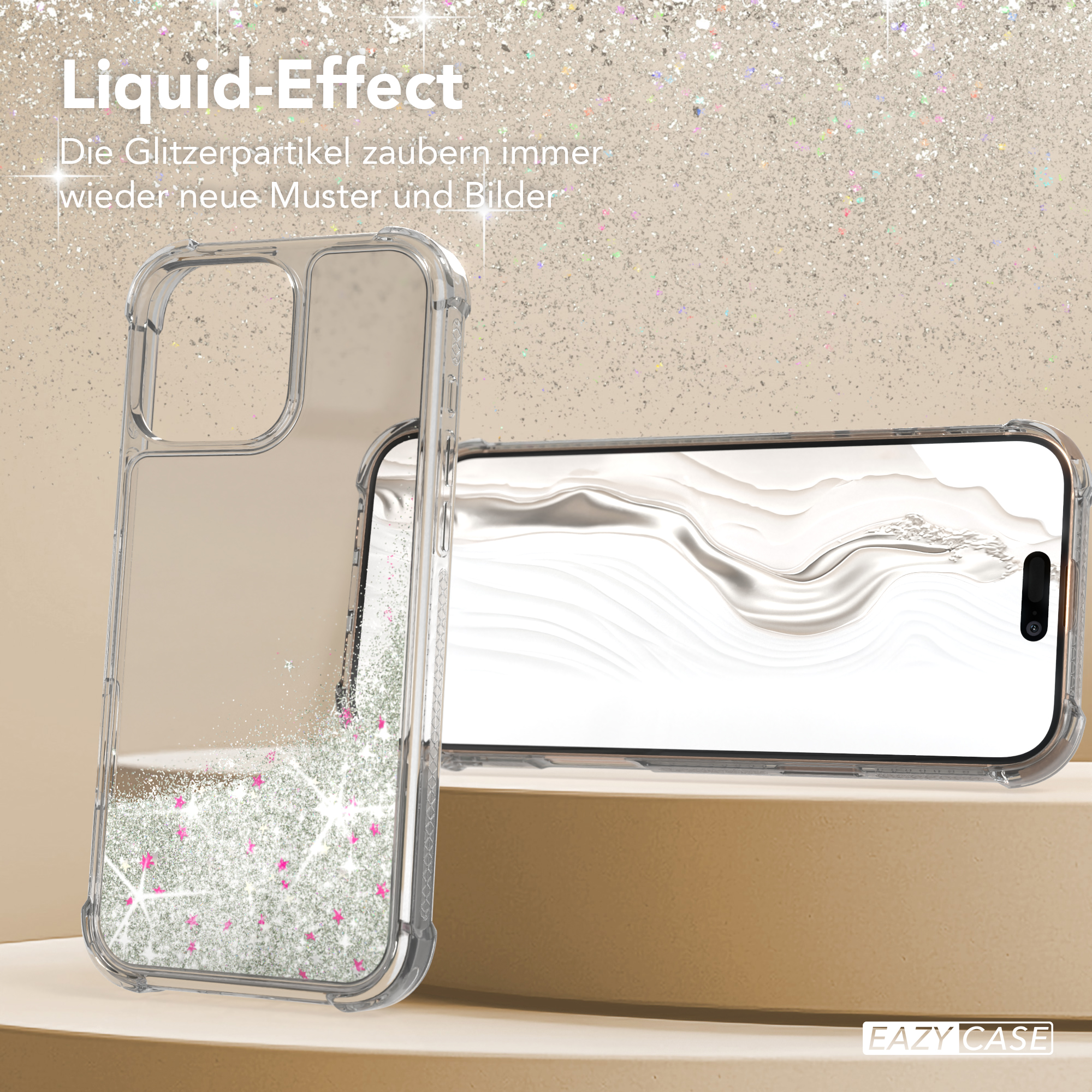 Telefon in transparenter Hülle mit Glitzer. Text: Liquid-Effect, EAZY CASE Logo.
