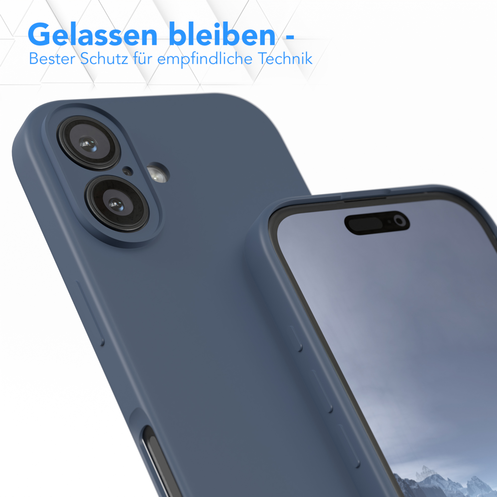 Blaue Handyhülle neben einem Handy mit Displayschutz. Text ist sichtbar, beide liegen auf Weiß.