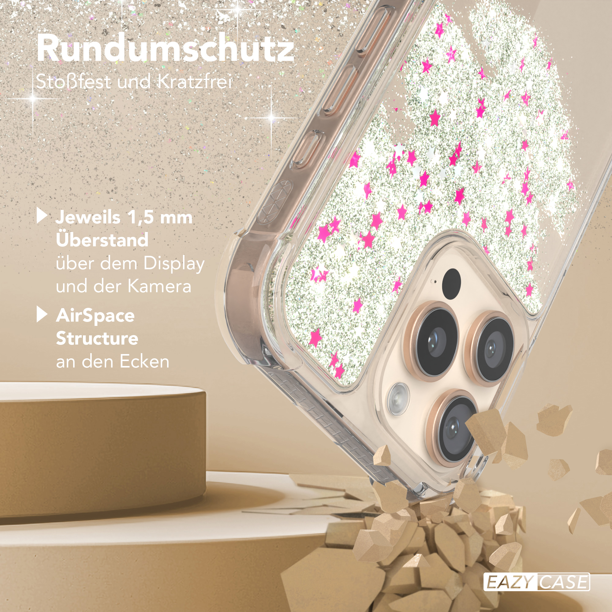 Eine Handyhülle mit Sternen, die das fallende Telefon zeigt, und die Worte EAZY CASE.