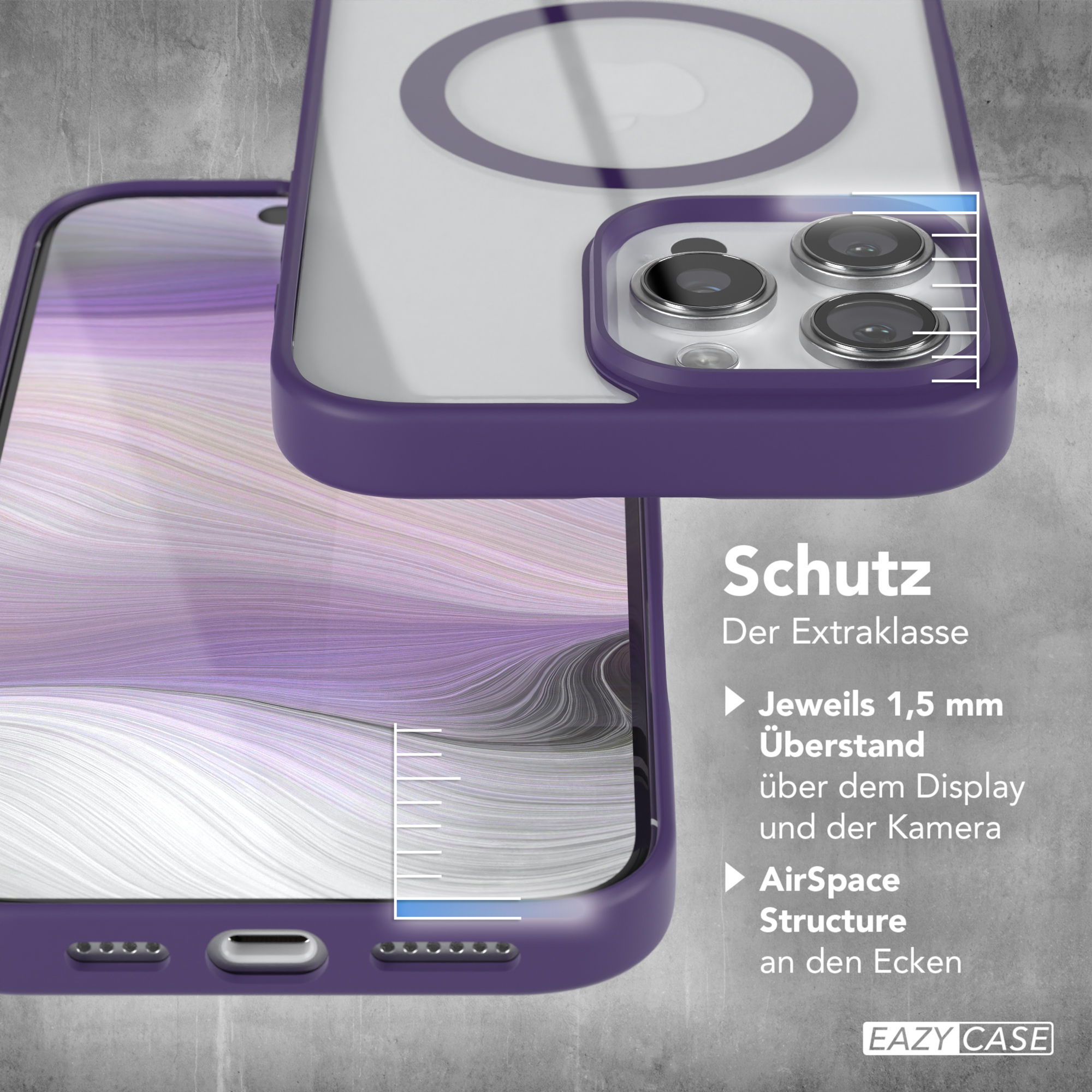Eine Handyhülle, lila Rahmen, auf einem Telefon, weißer Hintergrund. Text über Schutz und Funktionen.