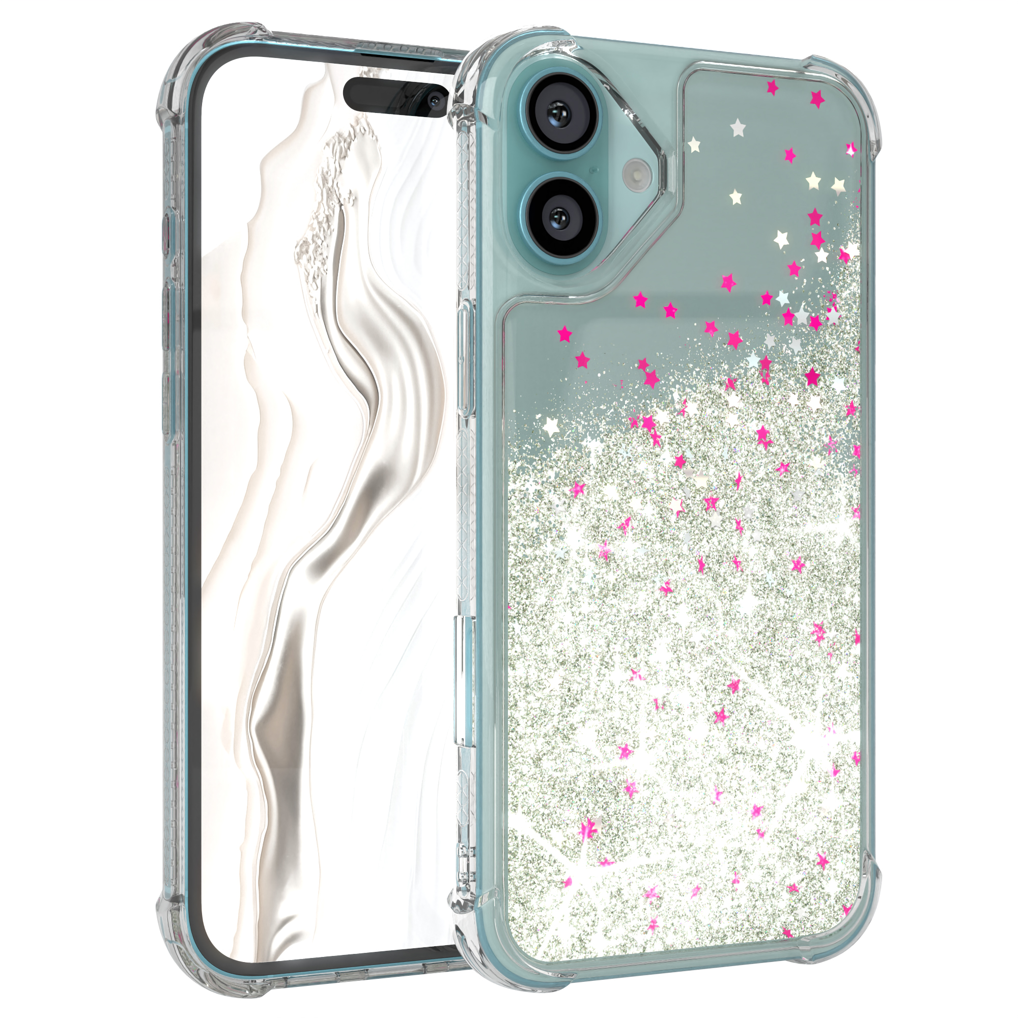 Transparente Handyhülle mit rosa Sternen-Glitzer. Telefon links, Glitzerhülle.