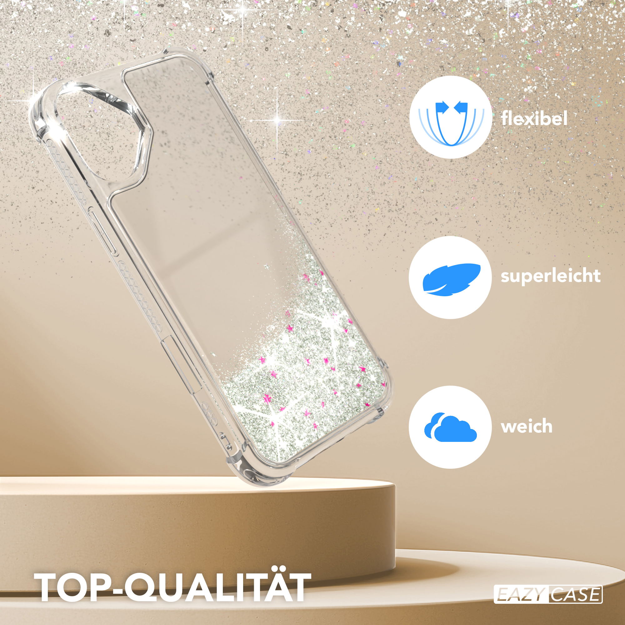 Transparente Handyhülle mit Glitzer und rosa Design. Text auf der Hülle: „Top-Qualität“.