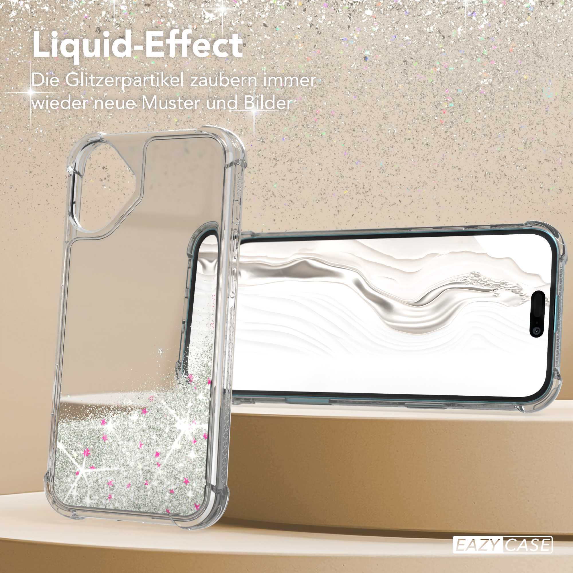 Handyhülle mit Flüssigkeits-Glitzer-Effekt und Telefon. Silberne Glitzerpartikel sichtbar.