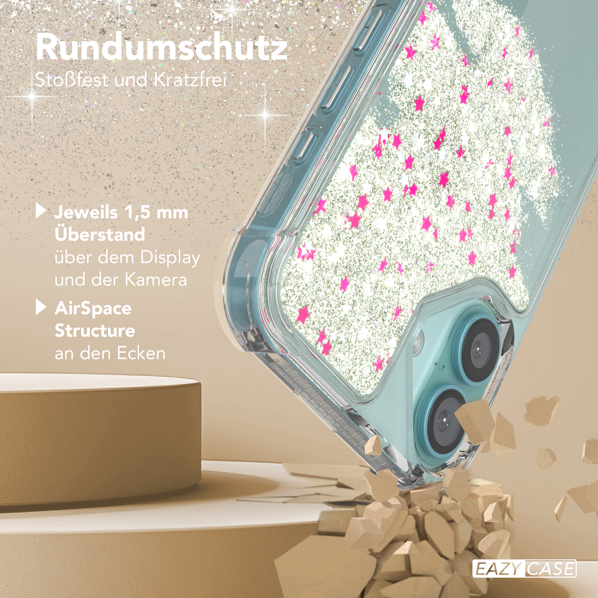 Handyhülle mit Glitzer und rosa Sternen. Text weist auf die Schutzeigenschaften der Hülle hin.