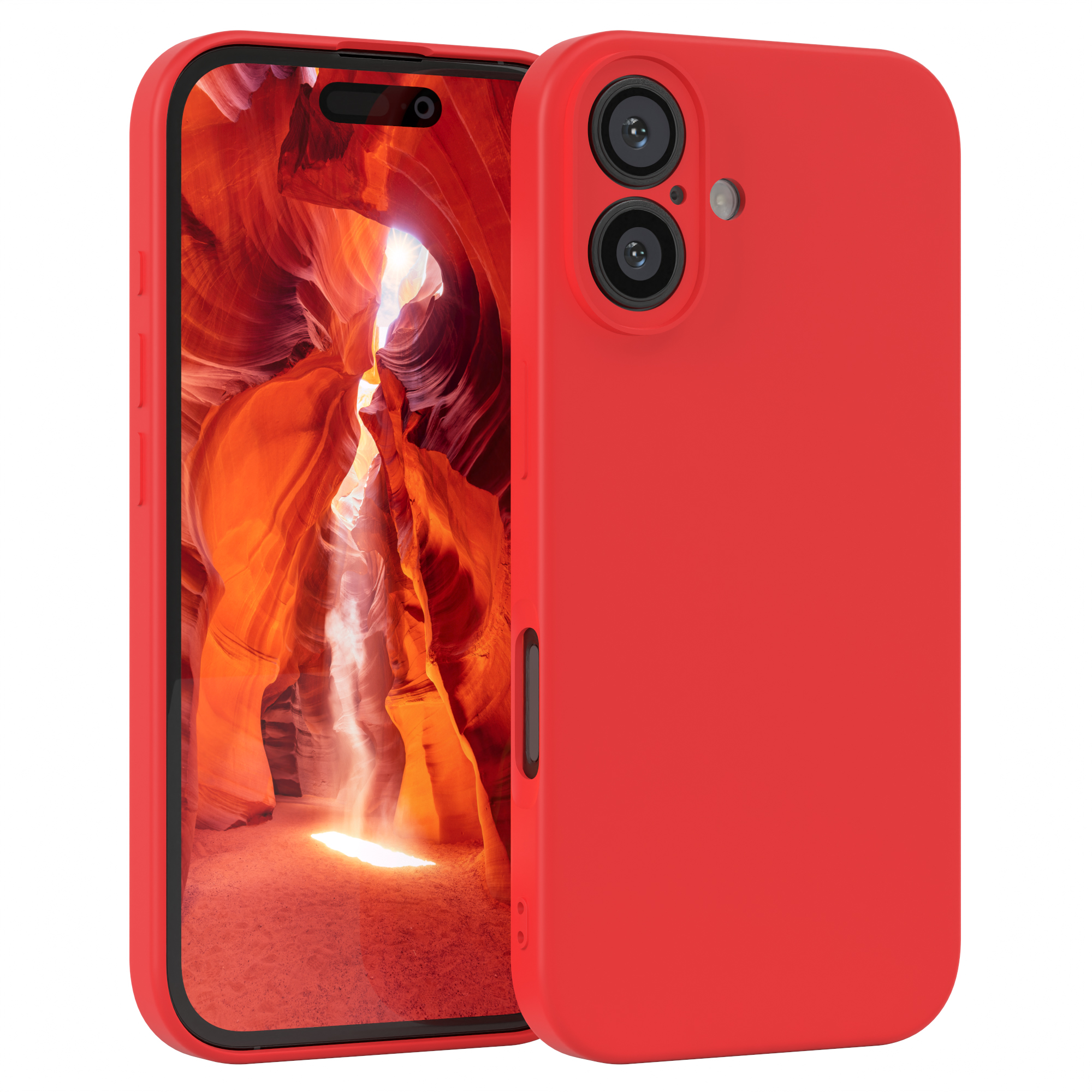 Eine rote Handyhülle mit einem Telefon darin, das den Bildschirm zeigt.