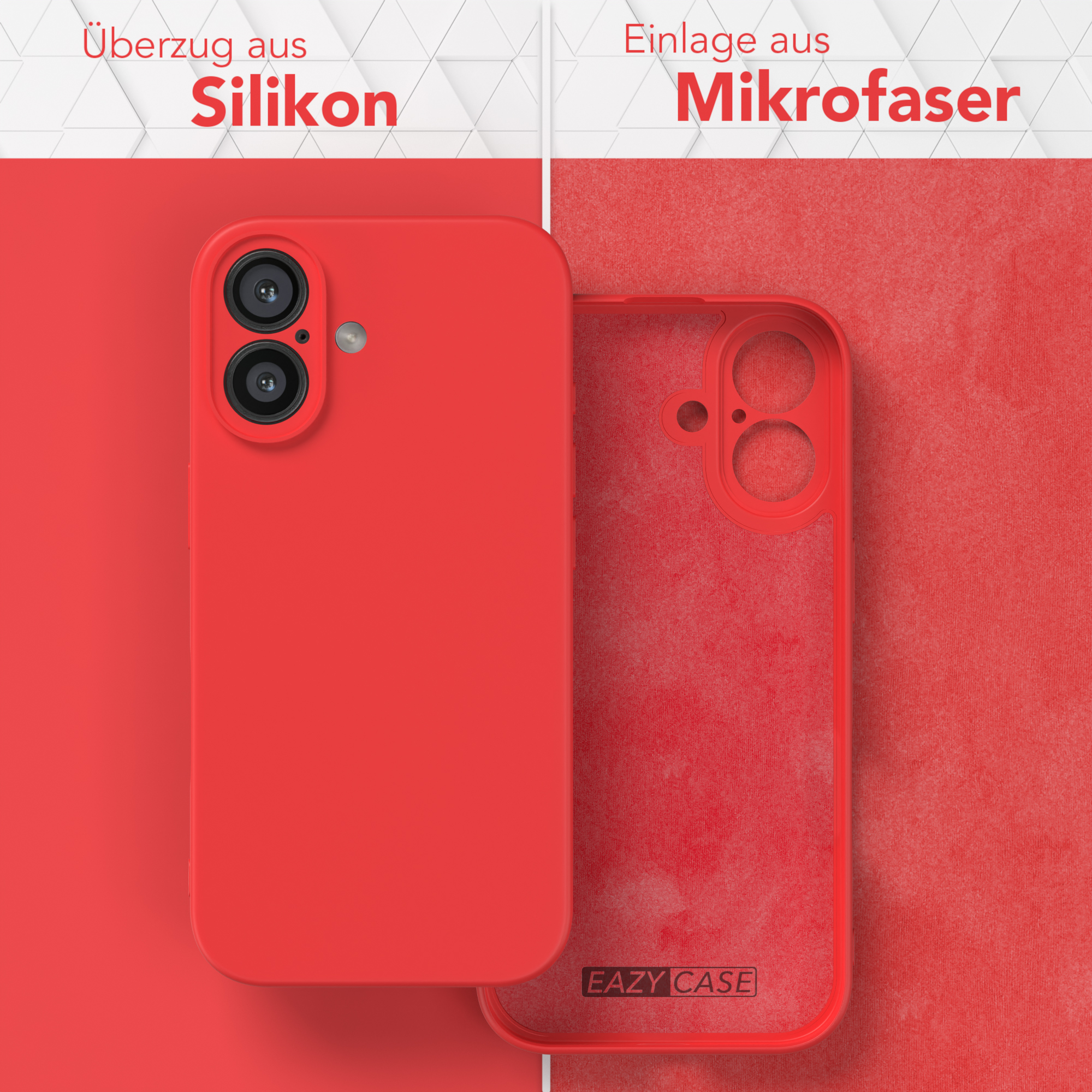 Zwei rote Handyhüllen, eine offen. Links ein rotes Handy, rechts ein rotes Innenleben.